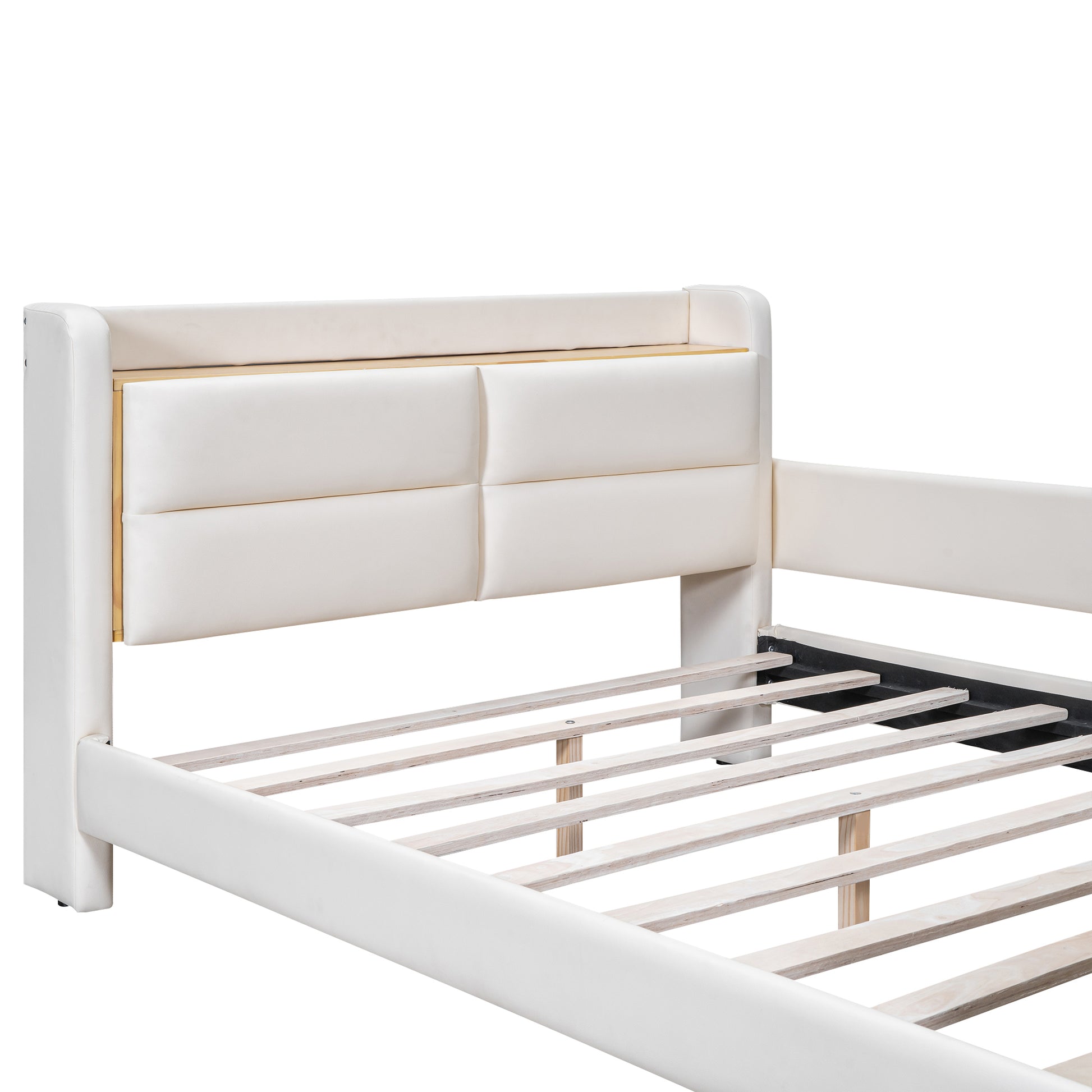 Full Size Upholstered Platform Bed With Guardrail, Storage Headboard And Footboard, Beige Box Spring Not Required Full Beige Wood Faux Leather Upholstered