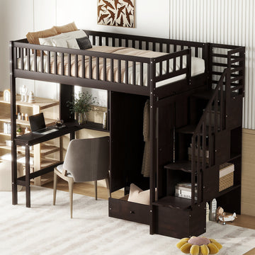 Twin Size Loft Bed With Bookshelf,Drawers,Desk,And Wardrobe Espresso Twin Espresso Solid Wood Mdf