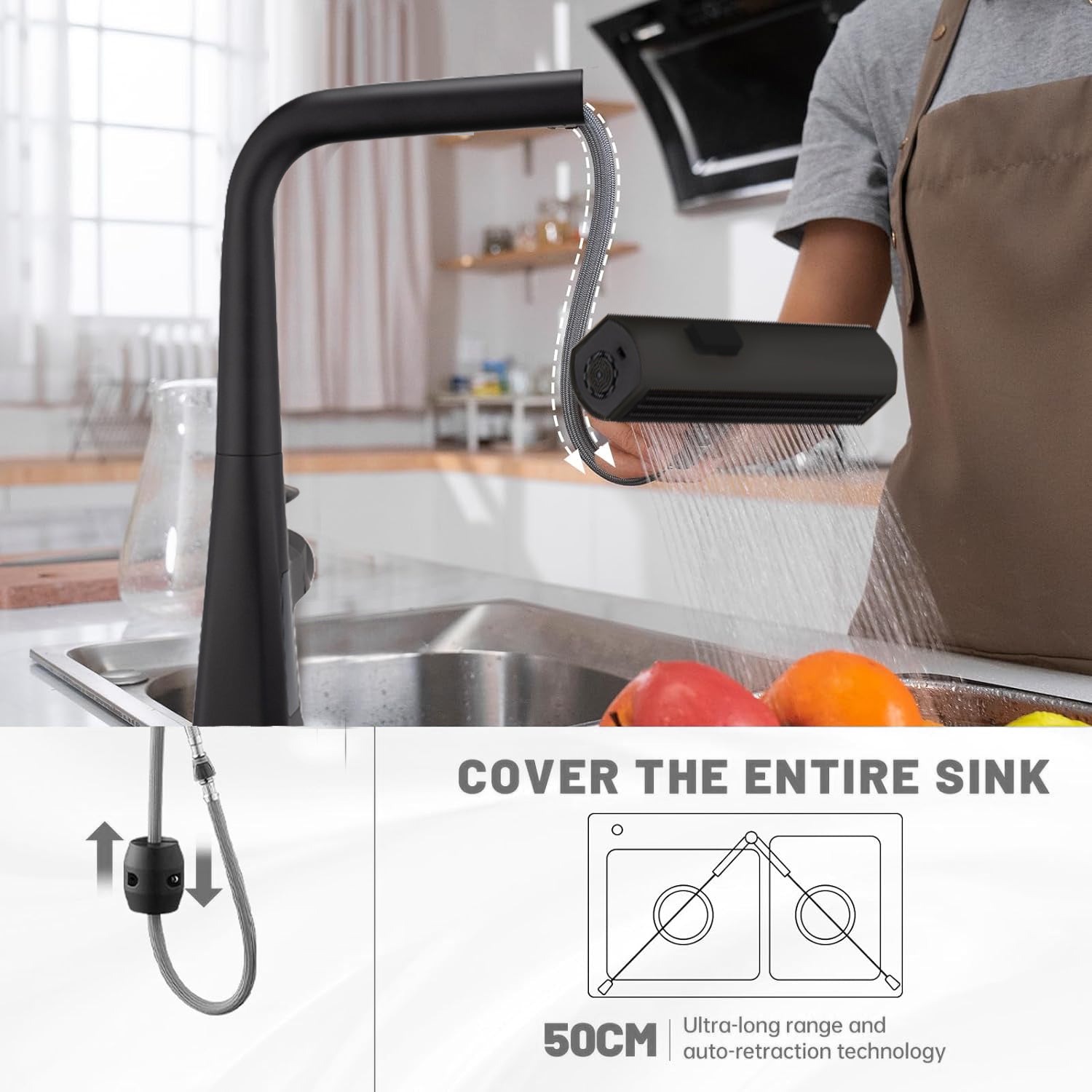 Matte Black Waterfall Kitchen Faucet With Temperature Display, Single Handle Kitchen Faucet With Pull Down Sprayer, Modern Kitchen Sink Faucet, Three Water Outlet Modes Matte Black Zinc