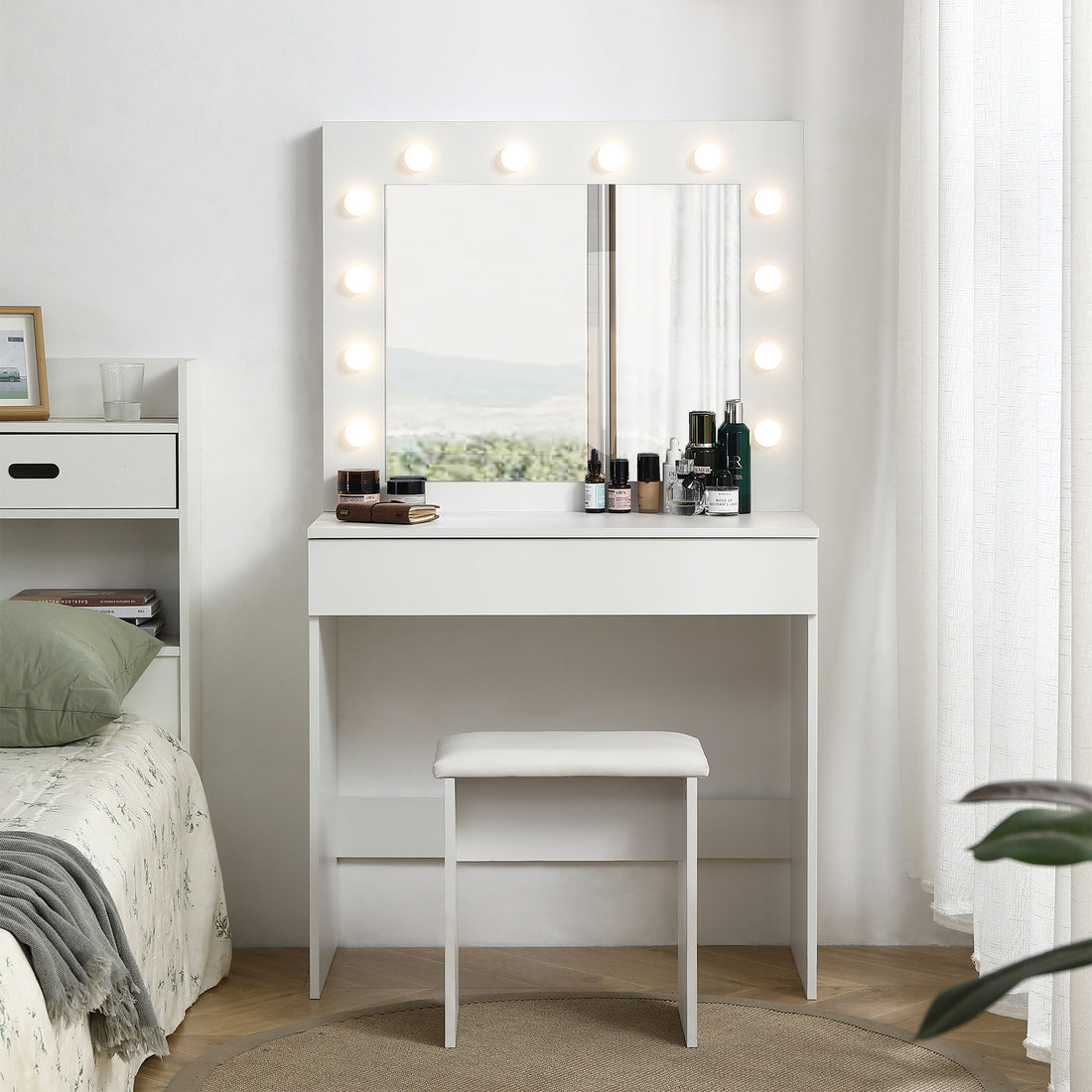 Vanity Table With Large Lighted Mirror, Makeup Vanity Dressing Table With Drawer, 1Pc Upholstered Stool ,12 Light Bulbs And Adjustable Brightness, White Color Antique White Particle Board