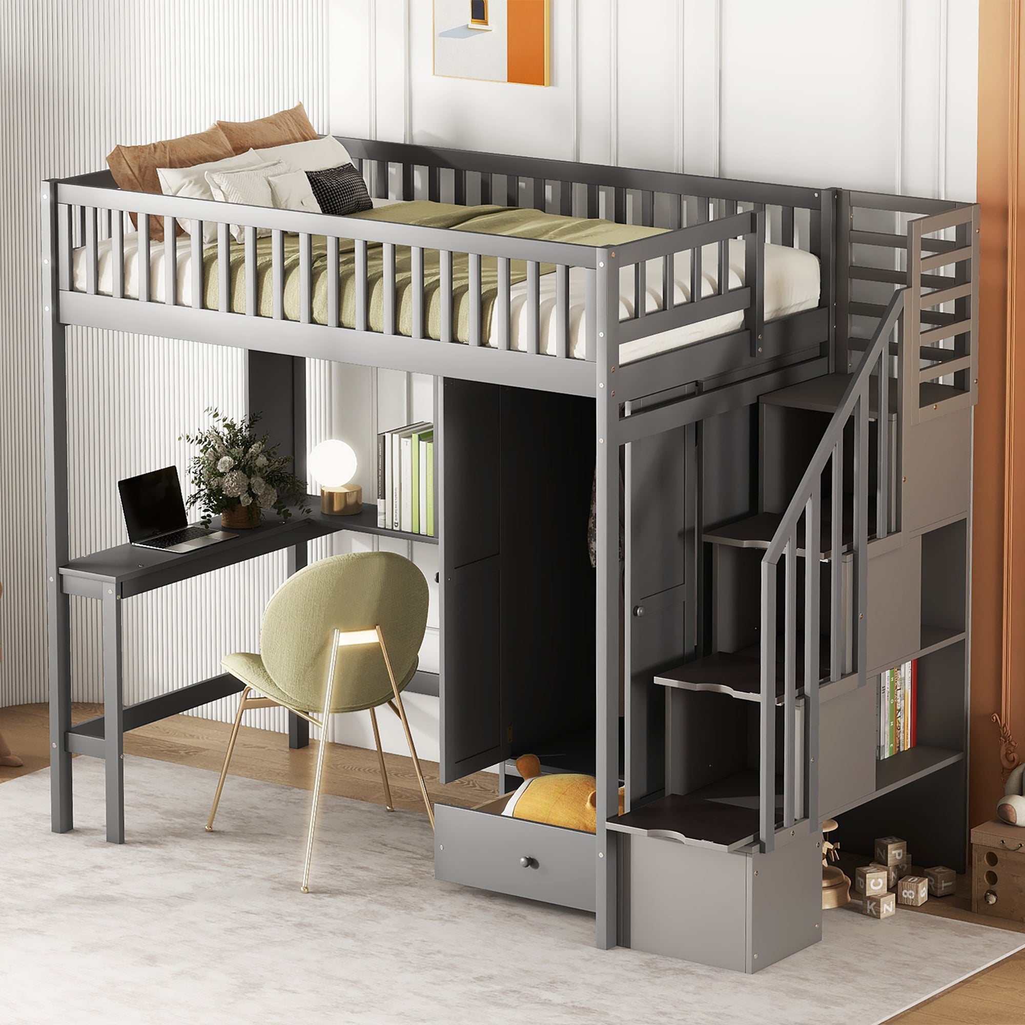 Twin Size Loft Bed With Bookshelf,Drawers,Desk,And Wardrobe Gray Twin Gray Solid Wood Mdf