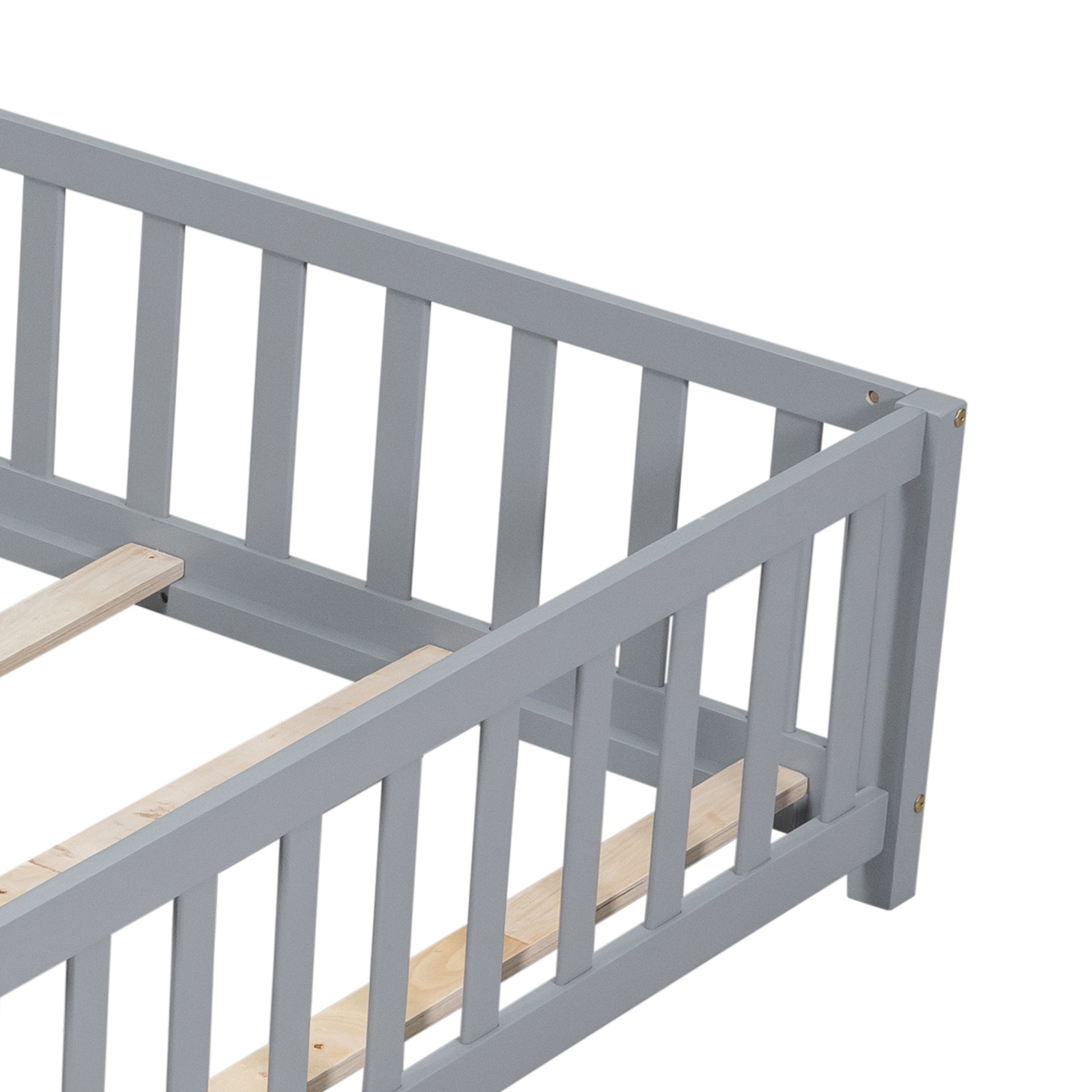 Full Size Floor Platform Bed With Fence And Door For Kids, Montessori Floor Bed Frame With Support Slats For Toddlers, Wooden Floor Bed Grey Grey Plywood