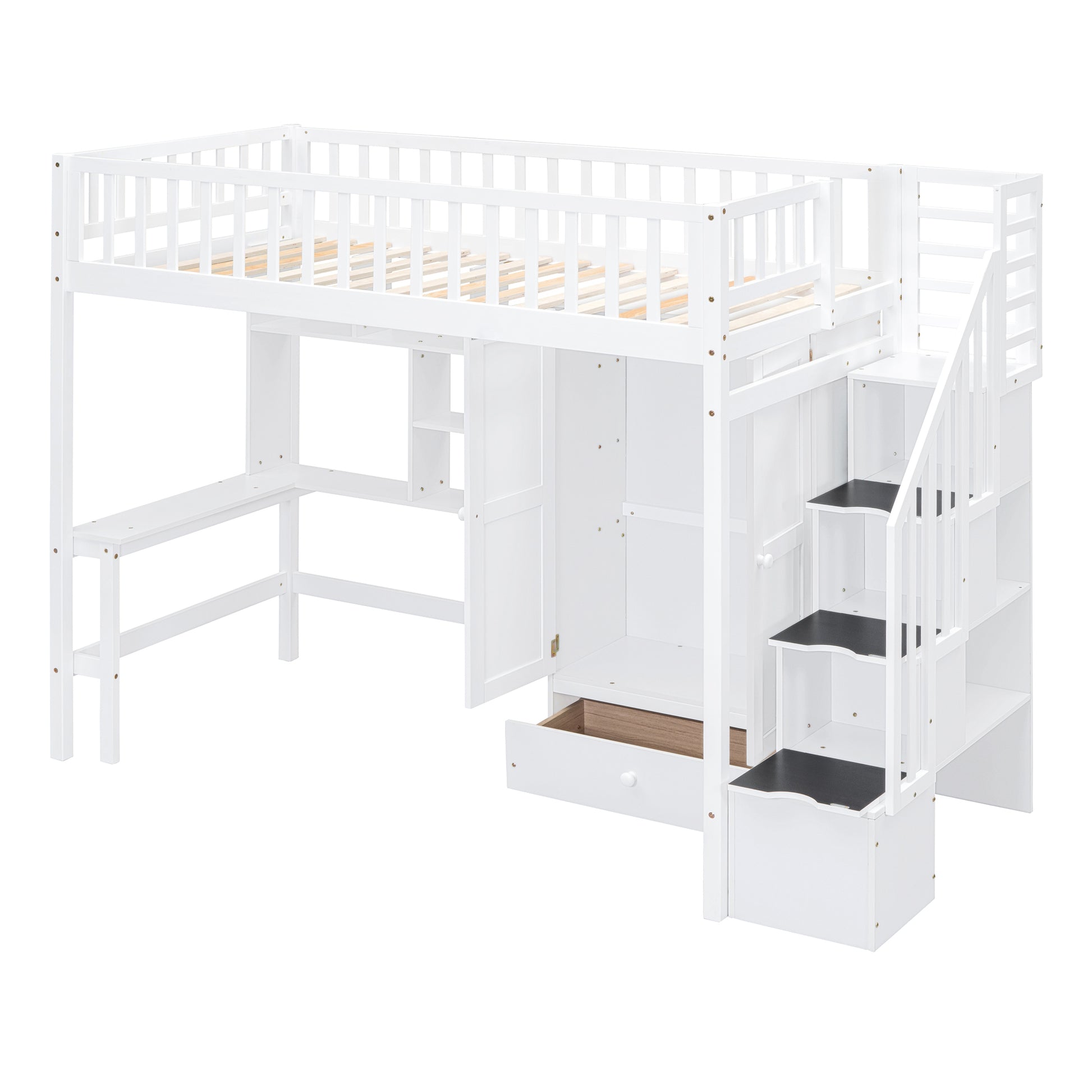 Twin Size Loft Bed With Bookshelf,Drawers,Desk,And Wardrobe White Twin White Solid Wood Mdf