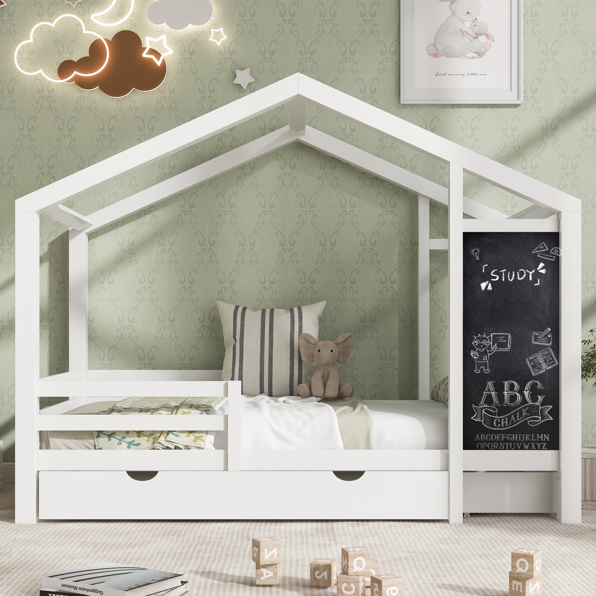 Twin House Bed With Blackboard And Drawers, Two Assembly Options, White Twin White Wood