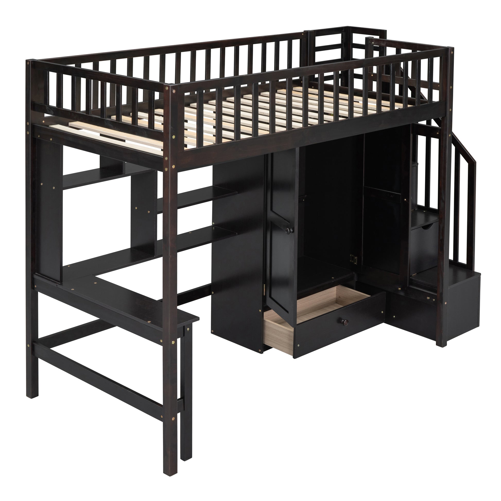 Twin Size Loft Bed With Bookshelf,Drawers,Desk,And Wardrobe Espresso Twin Espresso Solid Wood Mdf