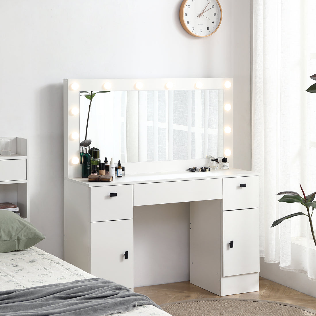 Vanity Table With Lighted Mirror, Vanity Desk With 3 Drawers And Storage Cabinet,3 Color Lighting Modes Adjustable Brightness, White Color Antique White Particle Board