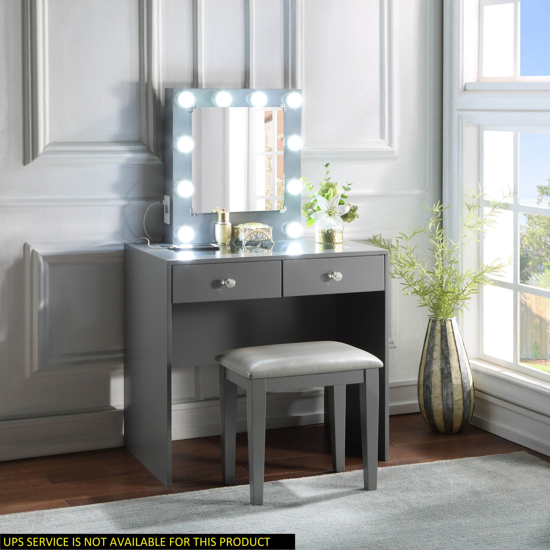 Gray Makeup Vanity And Stool Set With 10 Lights And Usb Port And Power Outlet, 2X Drawers Luxurious Style Furniture Gray Drawer 2 Drawers Bedroom Luxury,Modern Wood