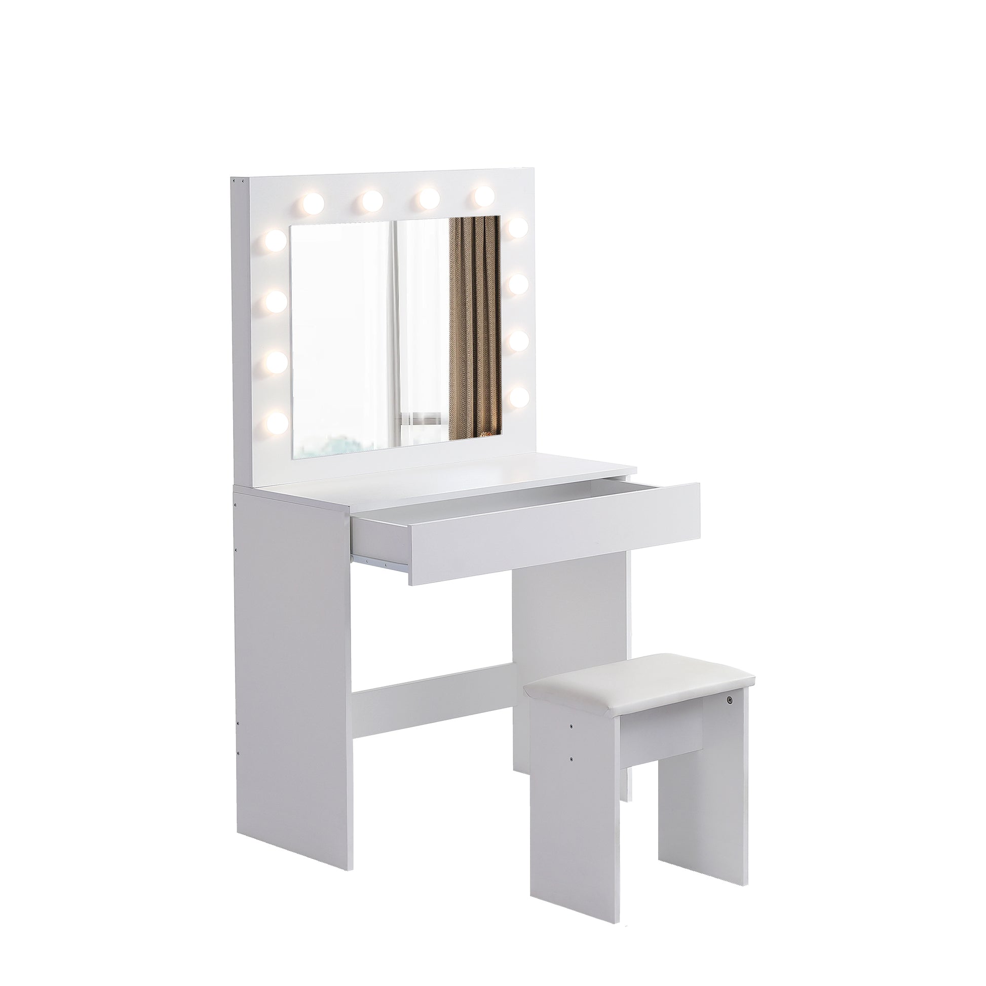 Vanity Table With Large Lighted Mirror, Makeup Vanity Dressing Table With Drawer, 1Pc Upholstered Stool ,12 Light Bulbs And Adjustable Brightness, White Color Antique White Particle Board