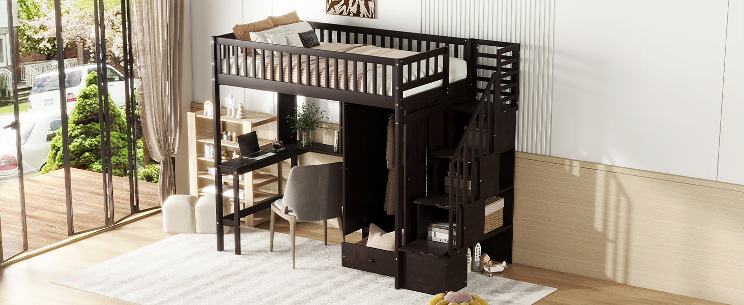 Twin Size Loft Bed With Bookshelf,Drawers,Desk,And Wardrobe Espresso Twin Espresso Solid Wood Mdf