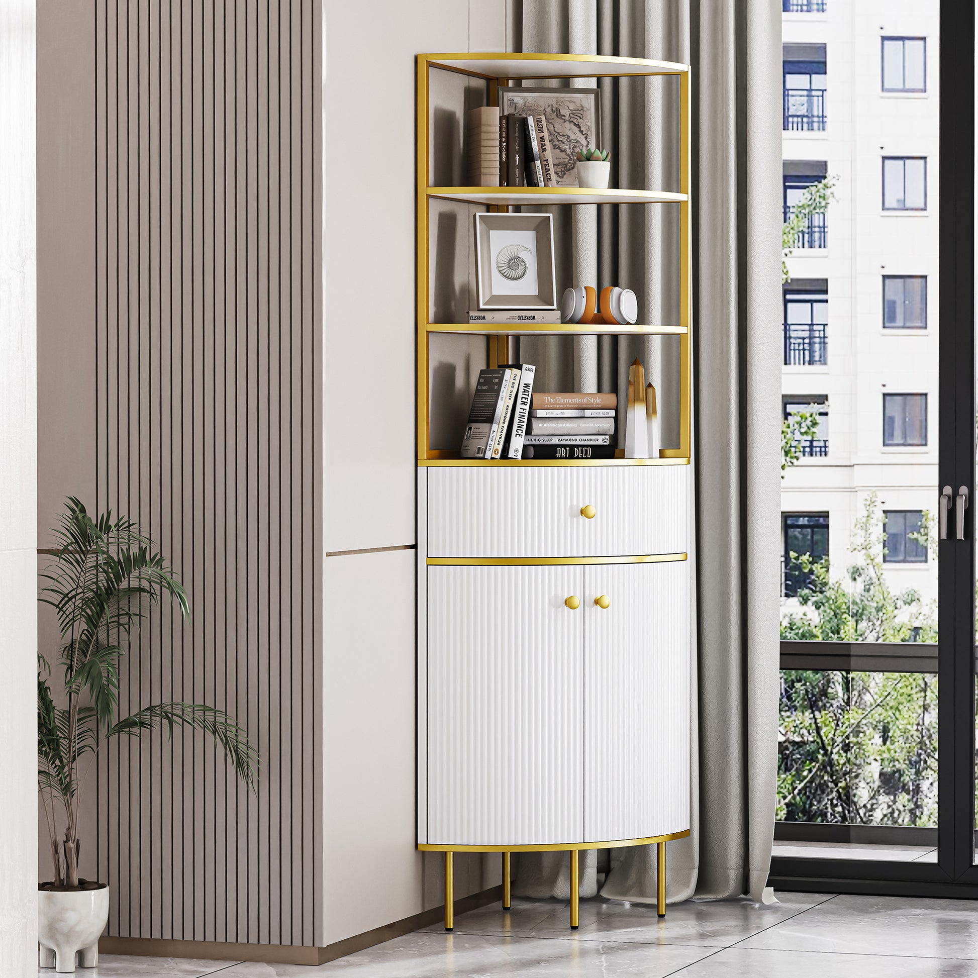 74.8" Tall Modern Corner Bookshelf,Fan Shaped Bookcase With 1 Drawer And 2 Doors ,Wooden Standing Corner Shelf With Gold Metal Frame For Living Room,Home Office,White White Mdf Metal