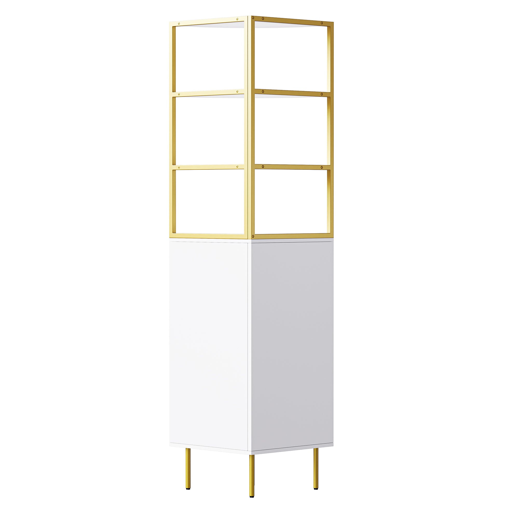 74.8" Tall Modern Corner Bookshelf,Fan Shaped Bookcase With 1 Drawer And 2 Doors ,Wooden Standing Corner Shelf With Gold Metal Frame For Living Room,Home Office,White White Mdf Metal