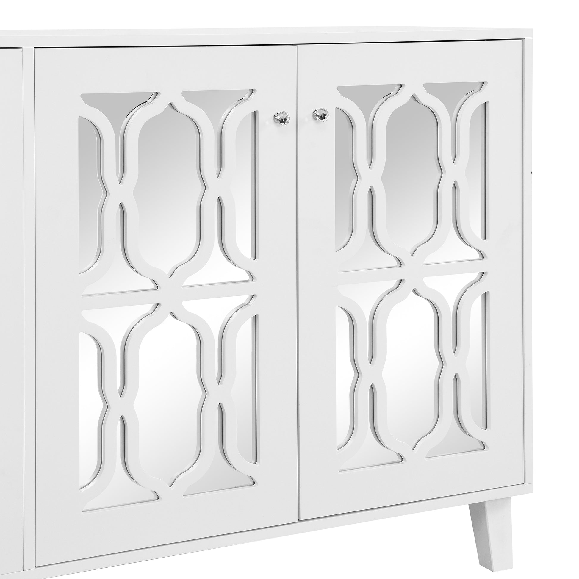 Buffet Cabinet With Adjustable Shelves, 4 Door Mirror Hollow Carved Tv Stand For Tvs Up To 70'', Multi Functional Console Table With Storage Credenza Accent Cabinet For Living Room, White 3 4 Spaces White Primary Living Space Adjustable Shelves Mdf