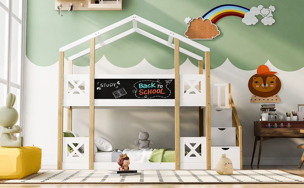 Twin Over Twin House Bunk Bed With White Storage Staircase And Blackboards, White White Wood