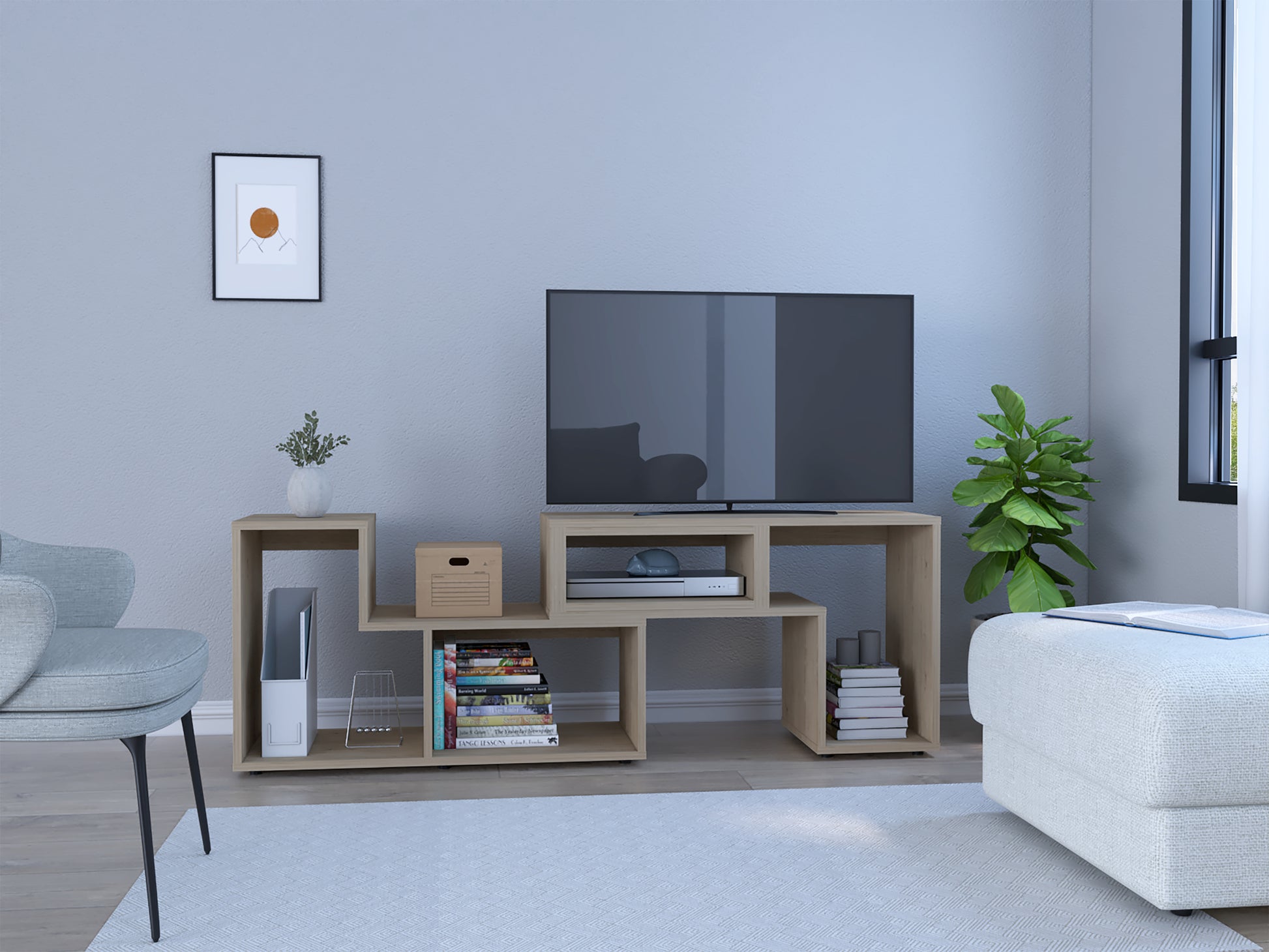 Extendable Tv Stand Houston, Living Room, Light Pine Beige 50 59 Inches Particle Board Particle Board