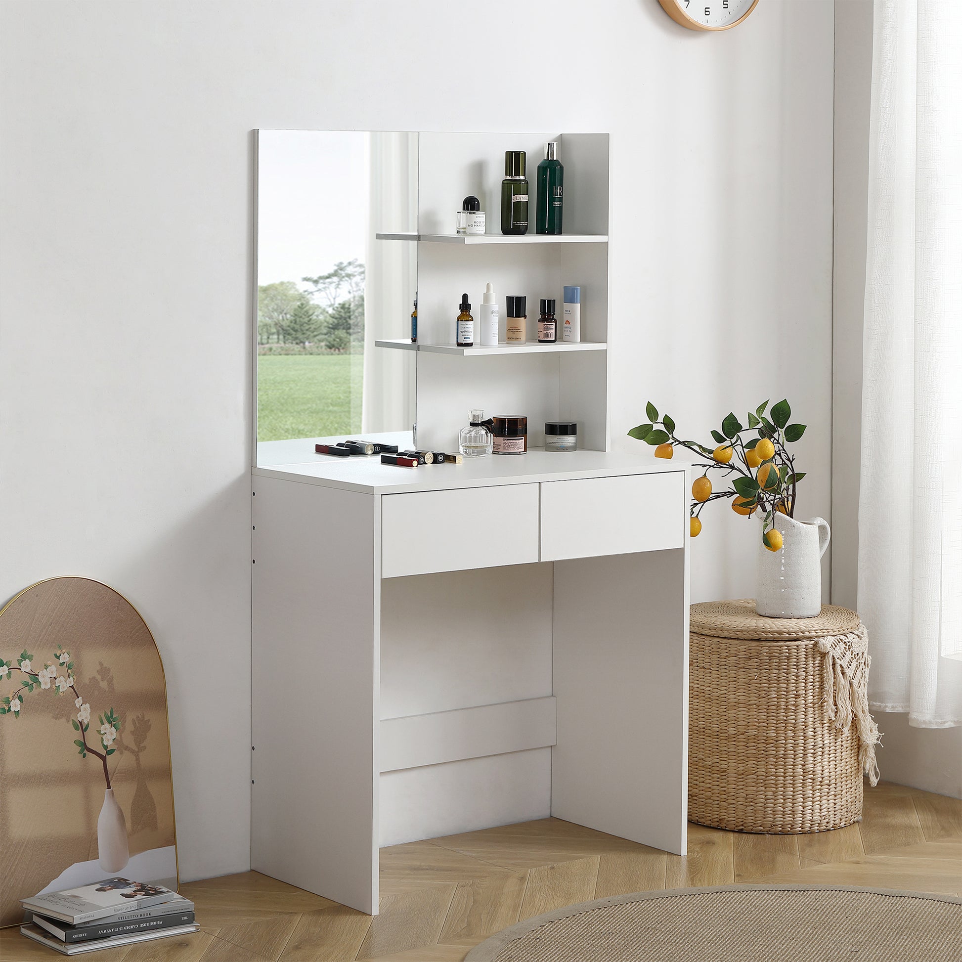 Vanity Desk With Mirror, Dressing Table With 2 Drawers, White Color Antique White Particle Board