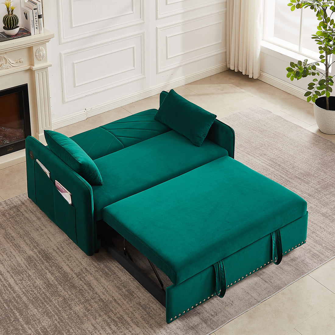 Mh" Sleeper Sofa Bed W Usb Port, 3 In 1 Adjustable Sleeper With Pull Out Bed, 2 Lumbar Pillows And Side Pocket, Soft Velvet Convertible Sleeper Sofa Bed, Suitable For Living Room Bedroom Green Velvet Pine Foam Velvet 2 Seat