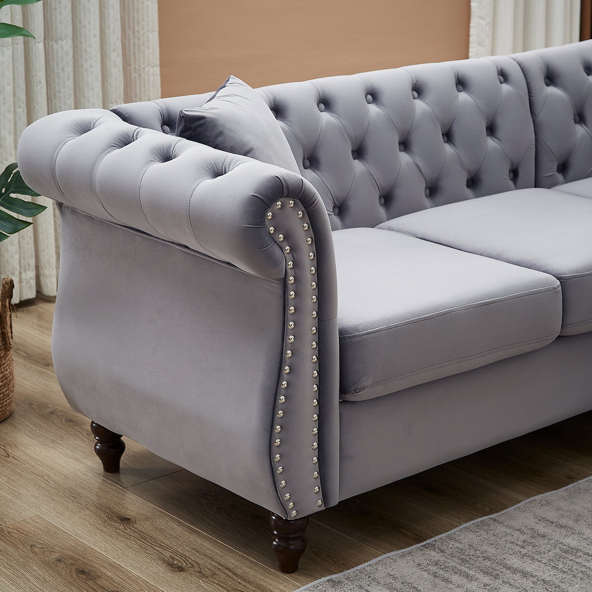 83.5 Inch Oversized Corner Sofa, L Shaped Sectional Couch,5 Seater Corner Sofas With 3 Pillows For Living Room, Bedroom, Apartment, Office Gray Foam Velvet