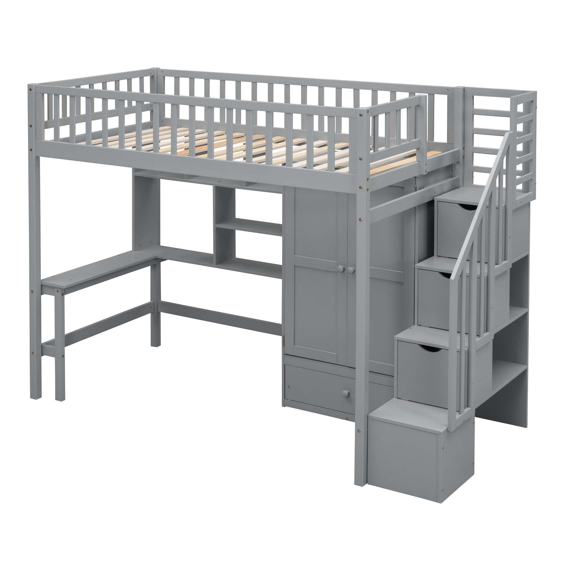 Twin Size Loft Bed With Bookshelf,Drawers,Desk,And Wardrobe Gray Twin Gray Solid Wood Mdf