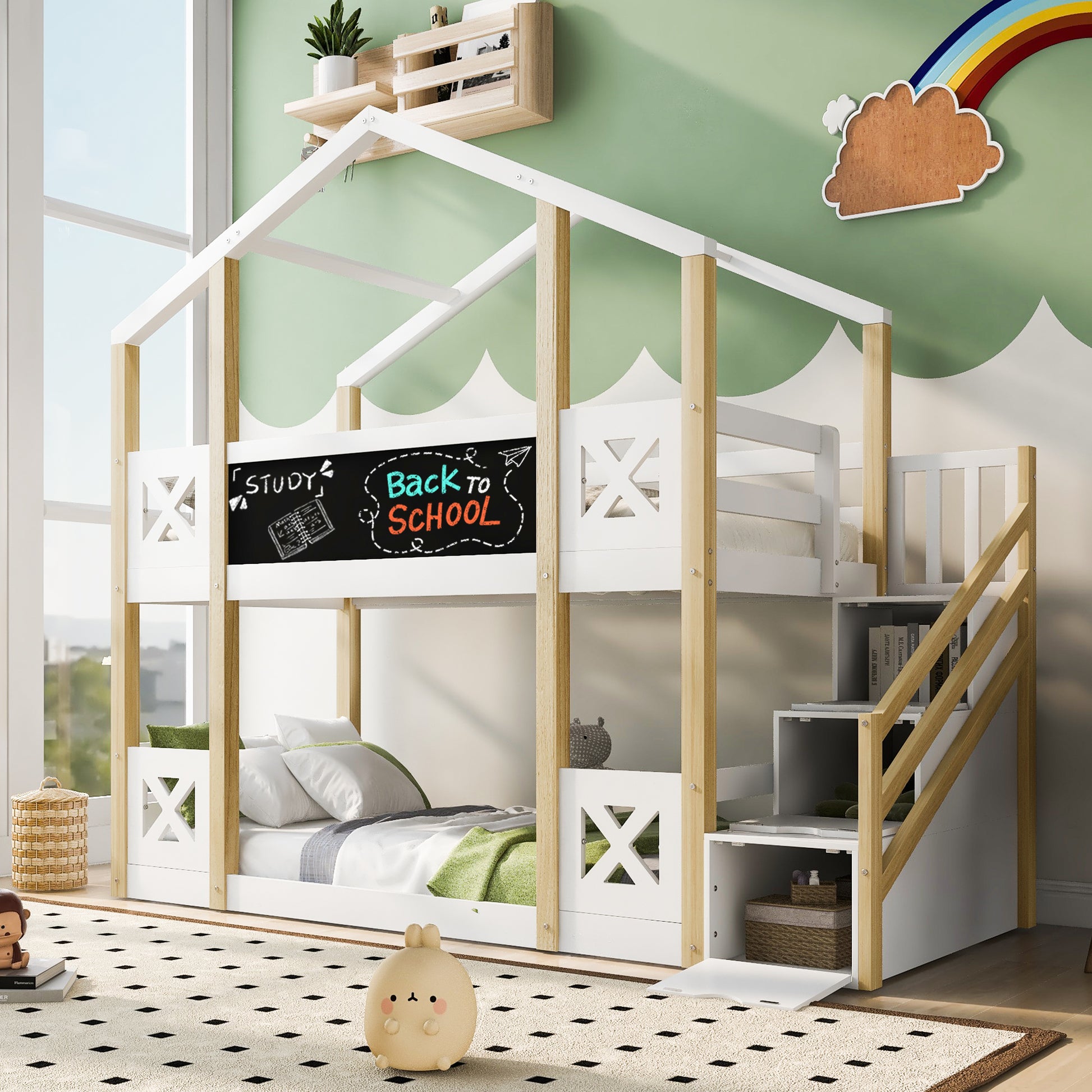 Twin Over Twin House Bunk Bed With White Storage Staircase And Blackboards, White White Wood