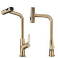 Brushed Gold Kitchen Waterfall Faucet With Pull Down Sprayer, Single Handle Kitchen Sink Faucet With Pull Out Sprayer, 360 Rotating Kitchen Faucet Brushed Gold Zinc