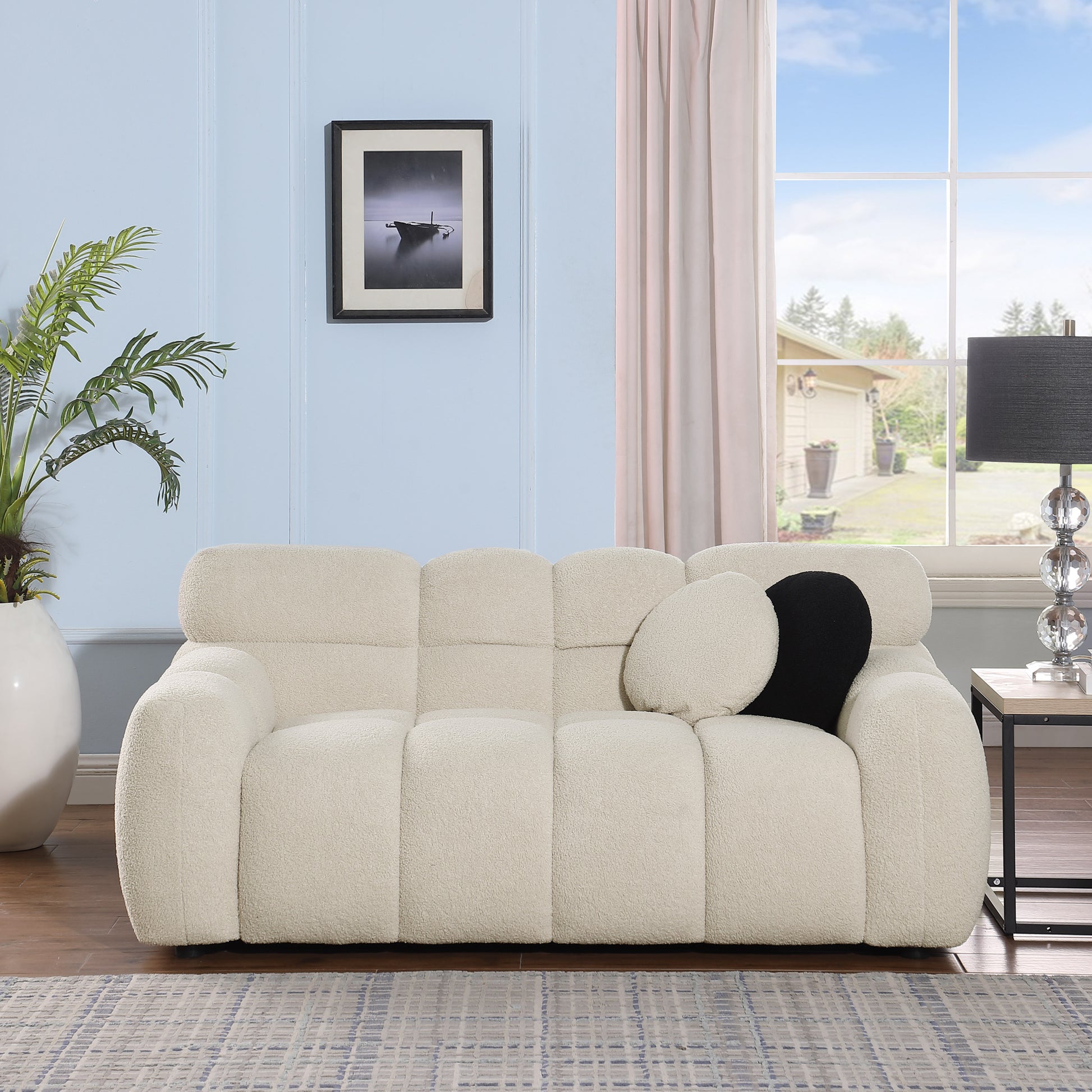 64.96 Length ,35.83" Deepth ,Human Body Structure For Usa People, Marshmallow Sofa,Boucle Sofa ,2 Seater, Beige Boucle Beige Light Brown Wood Primary Living Space Medium Soft Split Back Eucalyptus Rolled Arms Boucle 3 Seat