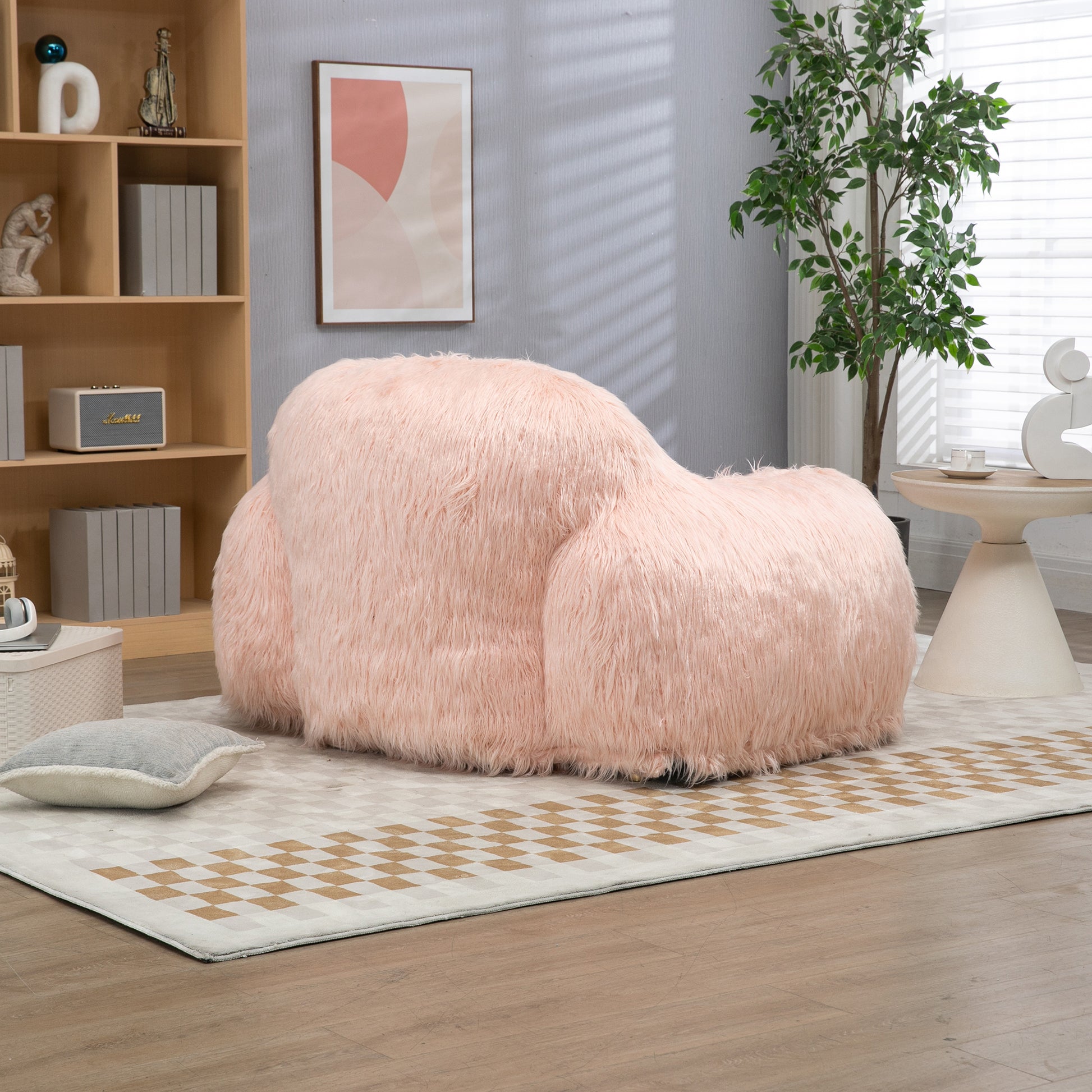 Bean Bag Chair Lazy Long Hair Sofa Bean Bag Chair Adult, Teen High Density Foam Filled Modern Focus Chair Comfortable Living Room, Bedroom Chair Pink Faux Fur