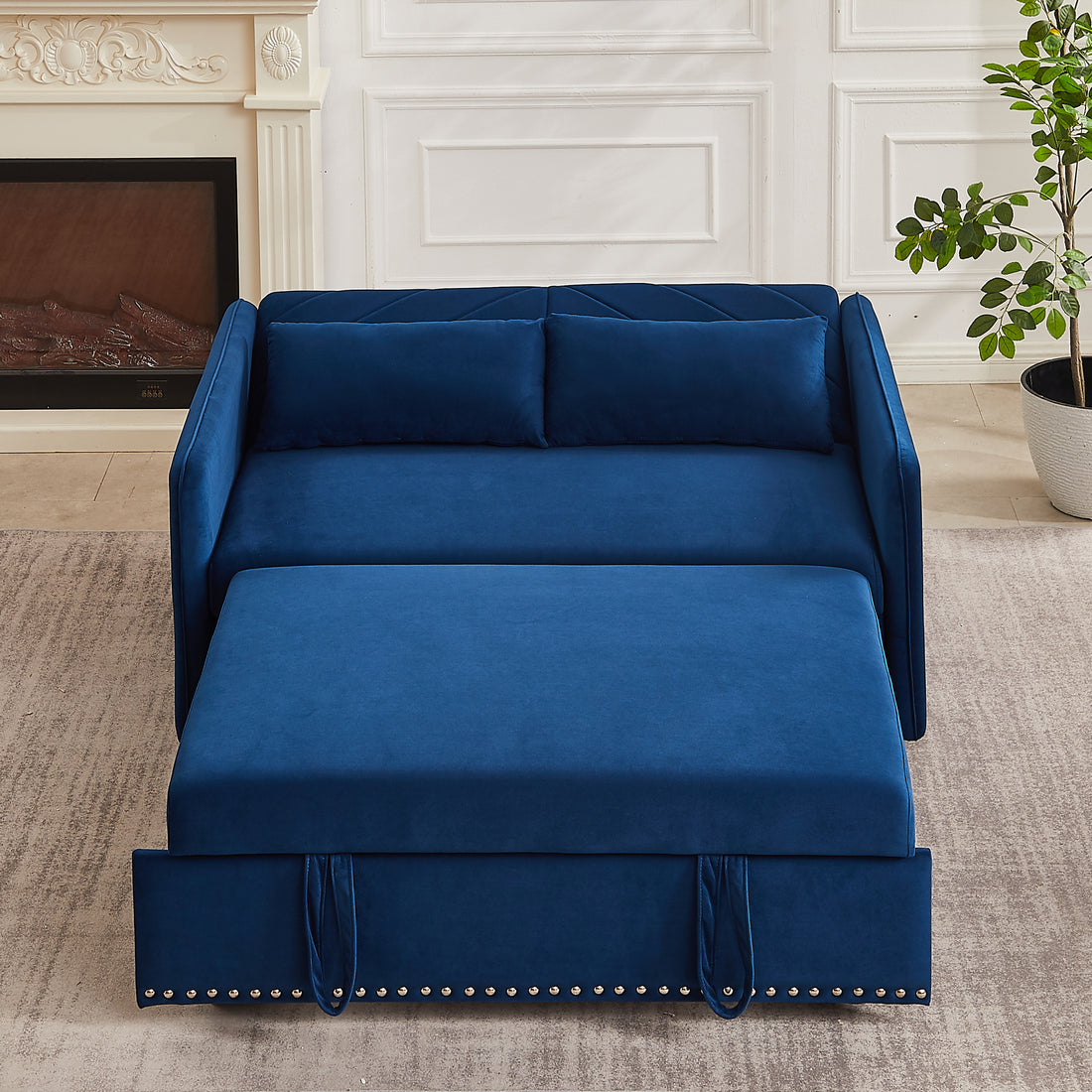 Mh" Sleeper Sofa Bed W Usb Port, 3 In 1 Adjustable Sleeper With Pull Out Bed, 2 Lumbar Pillows And Side Pocket, Soft Velvet Convertible Sleeper Sofa Bed, Suitable For Living Room Bedroom Blue Velvet Primary Living Space Pine Foam Velvet 2 Seat