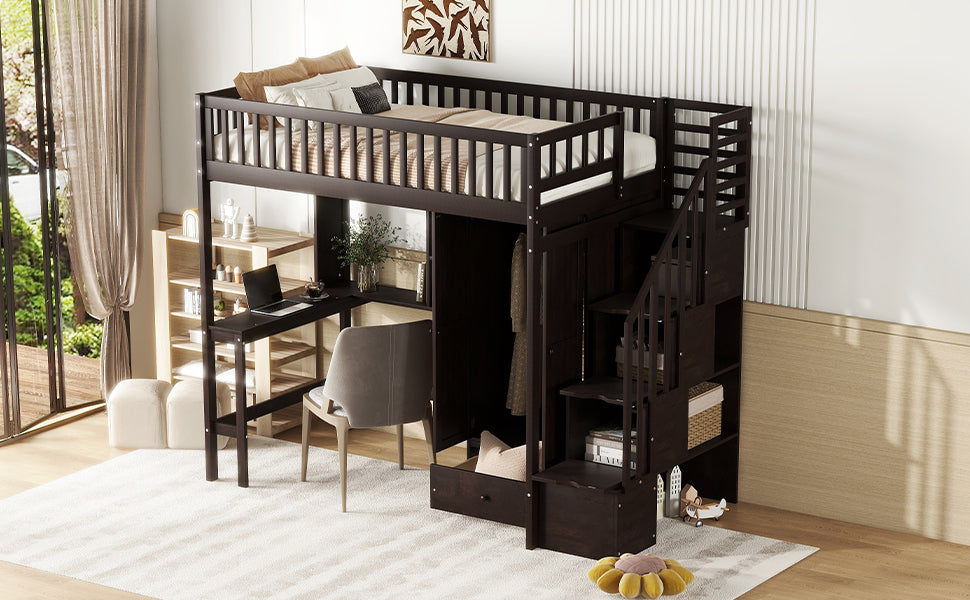 Twin Size Loft Bed With Bookshelf,Drawers,Desk,And Wardrobe Espresso Twin Espresso Solid Wood Mdf