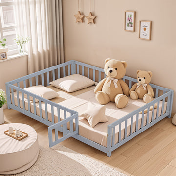 Full Size Floor Platform Bed With Fence And Door For Kids, Montessori Floor Bed Frame With Support Slats For Toddlers, Wooden Floor Bed Grey Grey Plywood