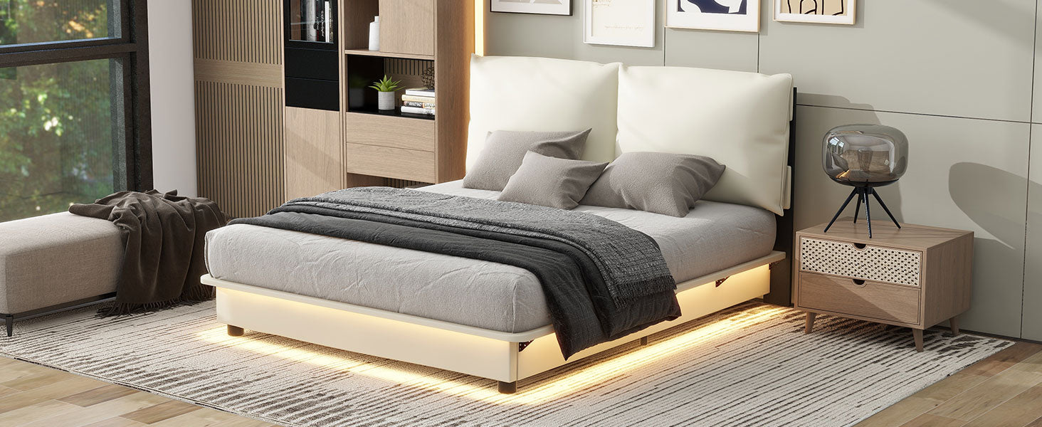 Queen Size Upholstered Platform Bed With Sensor Light And Ergonomic Design Backrests, White White Upholstered
