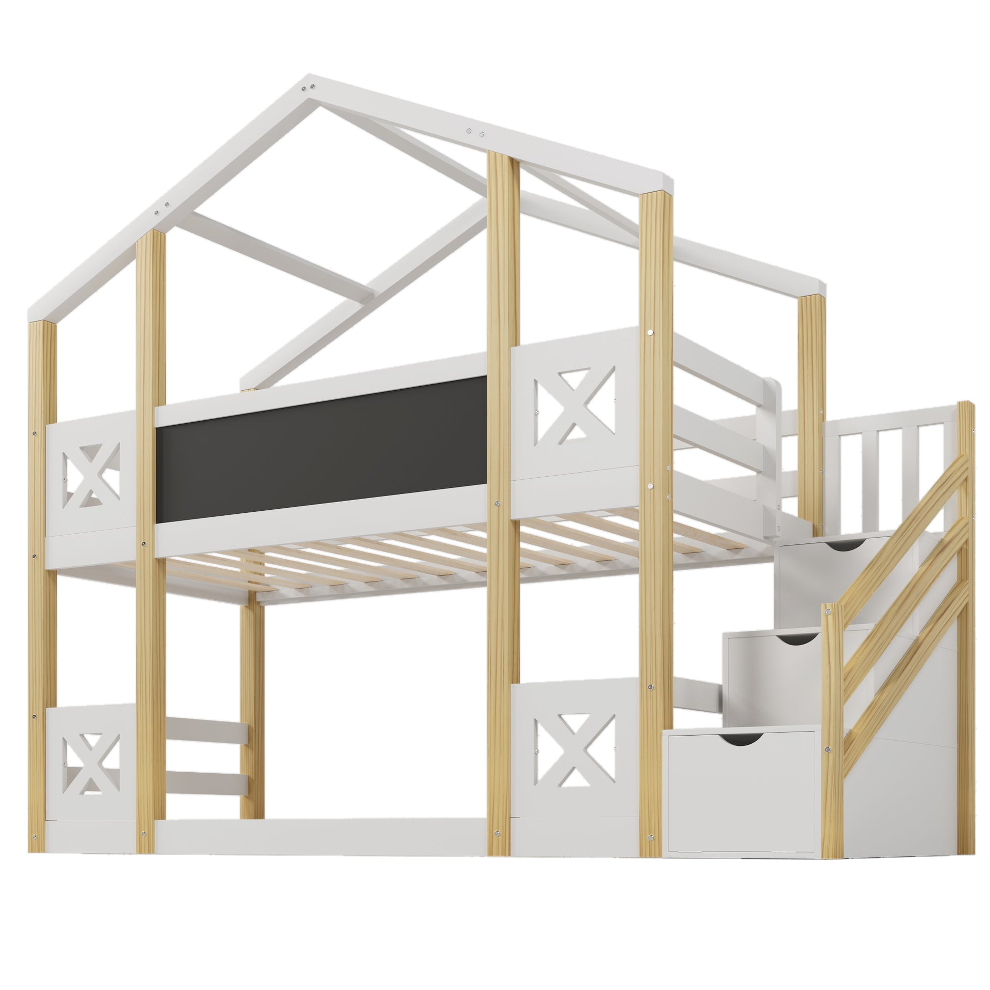 Twin Over Twin House Bunk Bed With White Storage Staircase And Blackboards, White White Wood