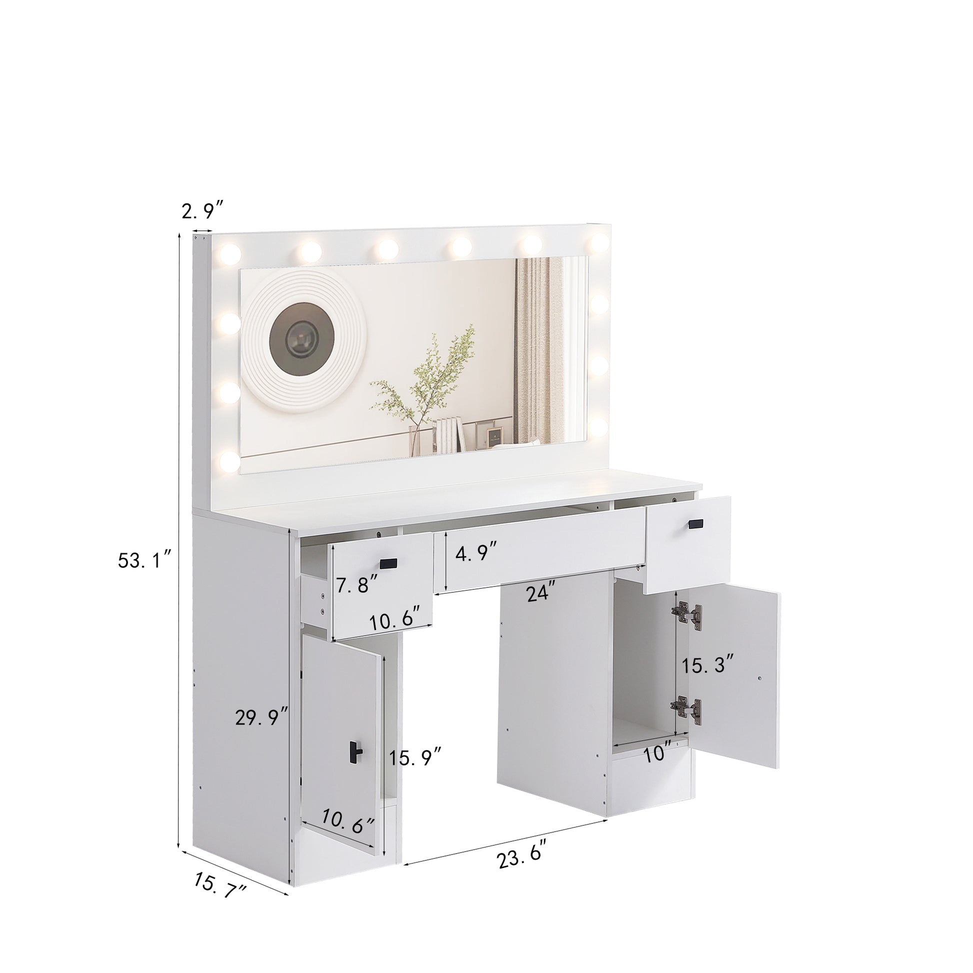 Vanity Table With Lighted Mirror, Vanity Desk With 3 Drawers And Storage Cabinet,3 Color Lighting Modes Adjustable Brightness, White Color Antique White Particle Board