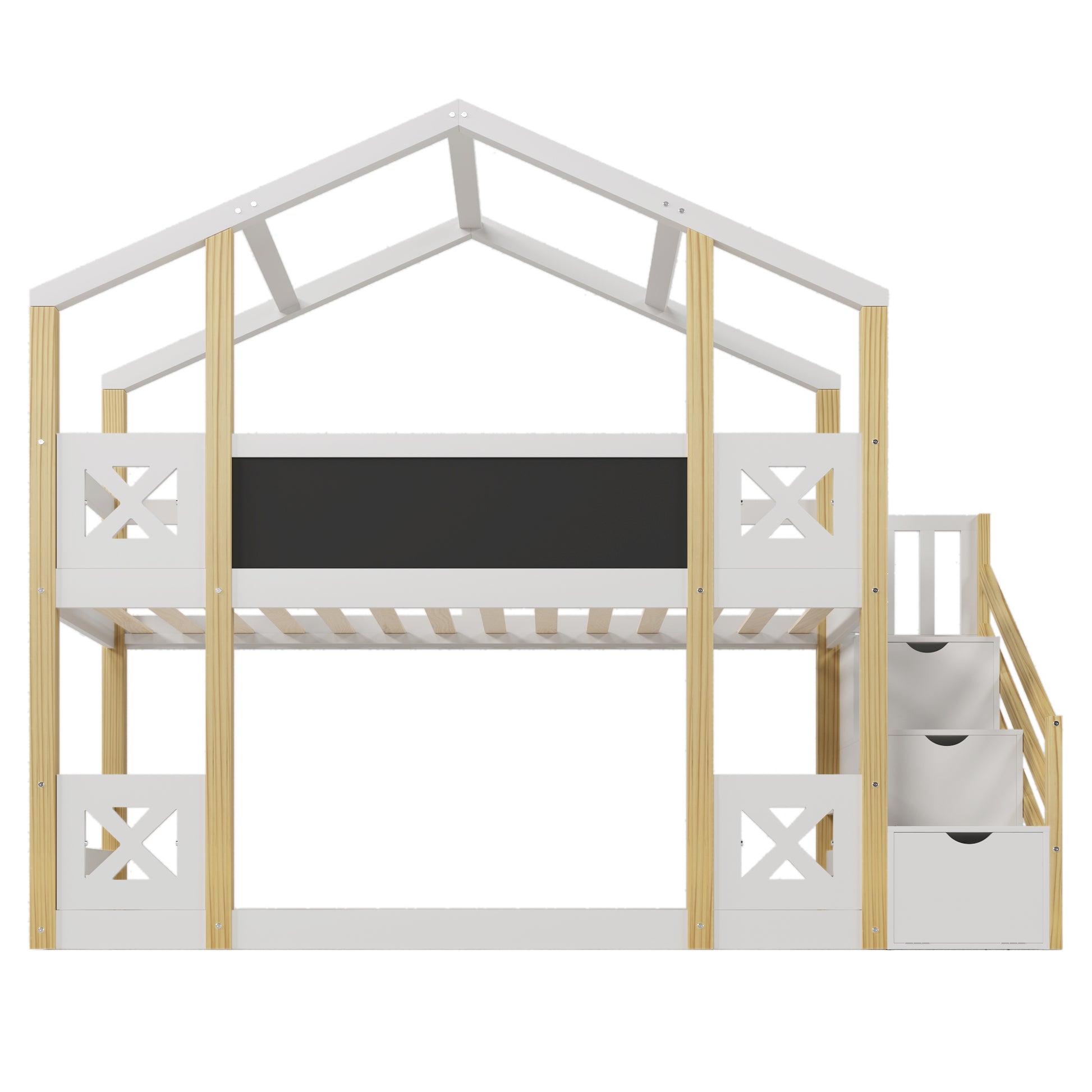 Twin Over Twin House Bunk Bed With White Storage Staircase And Blackboards, White White Wood