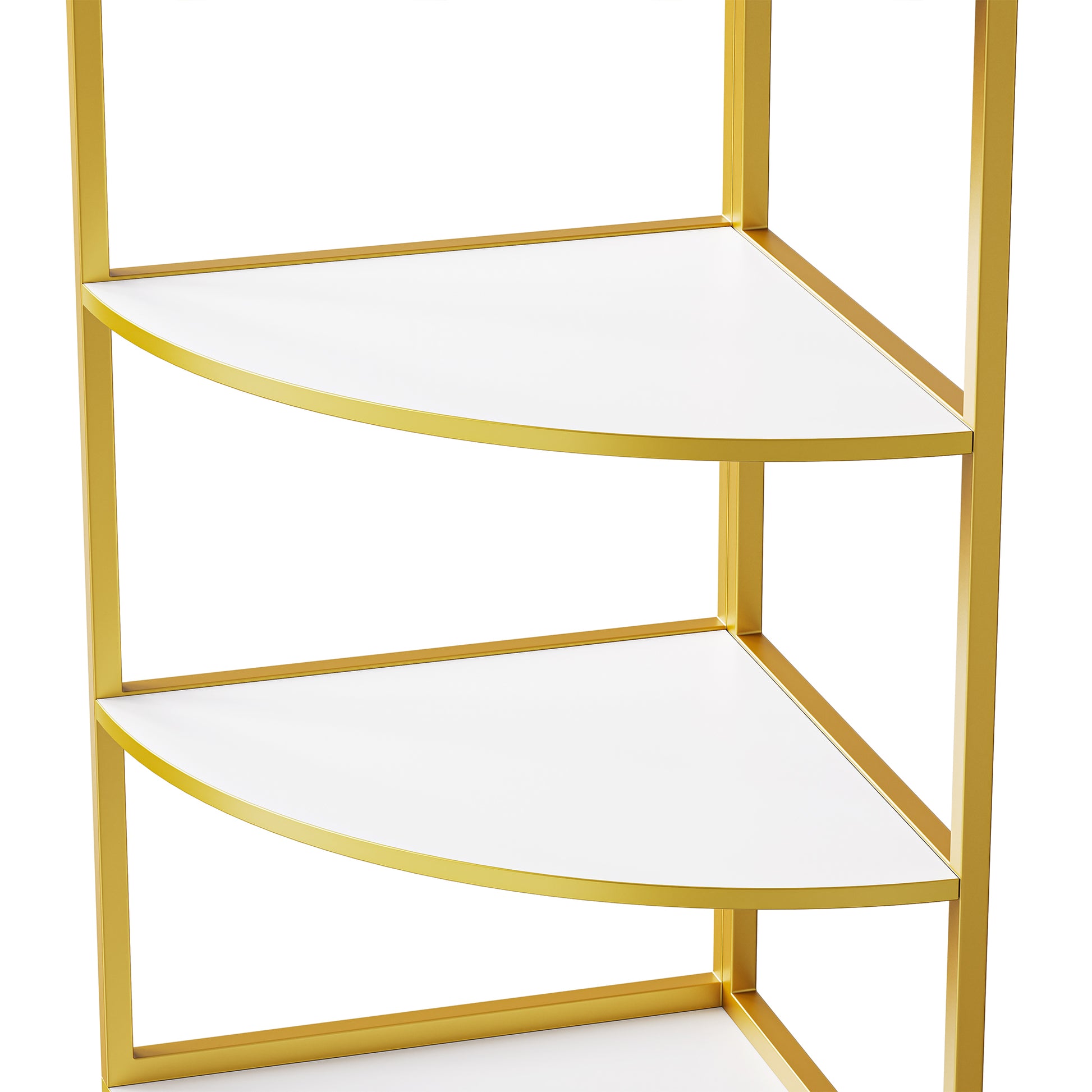 74.8" Tall Modern Corner Bookshelf,Fan Shaped Bookcase With 1 Drawer And 2 Doors ,Wooden Standing Corner Shelf With Gold Metal Frame For Living Room,Home Office,White White Mdf Metal