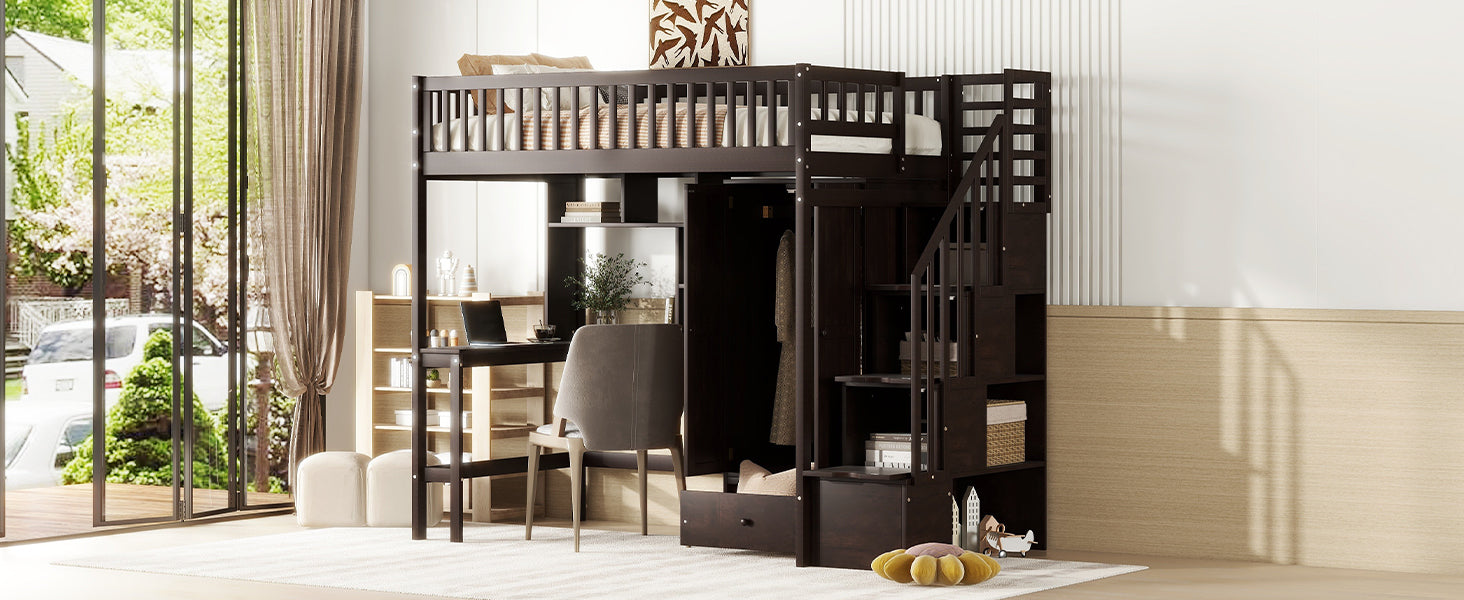 Twin Size Loft Bed With Bookshelf,Drawers,Desk,And Wardrobe Espresso Twin Espresso Solid Wood Mdf