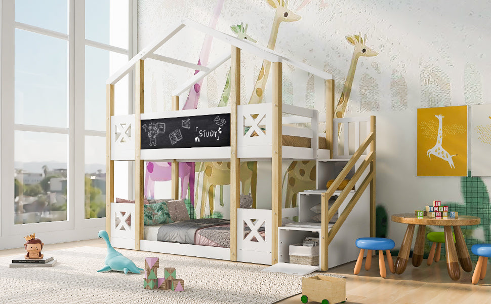 Twin Over Twin House Bunk Bed With White Storage Staircase And Blackboards, White White Wood