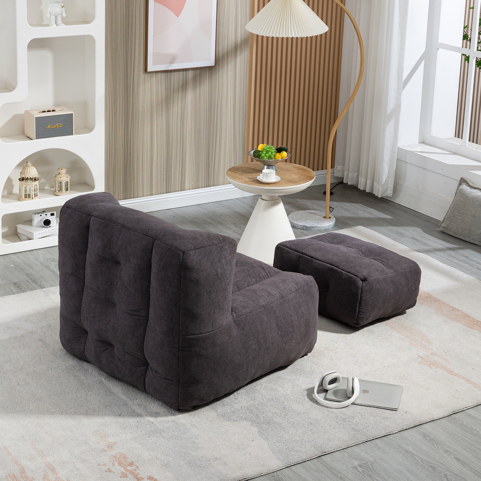Fluffy Bean Bag Chair, Comfortable Bean Bag For Adults And Children, Super Soft Lazy Sofa Chair With Memory Foam And Ottoman, Indoor Modern Focus Bean Bag Chair For Living Room, Bedroom, Apartment Black Velvet