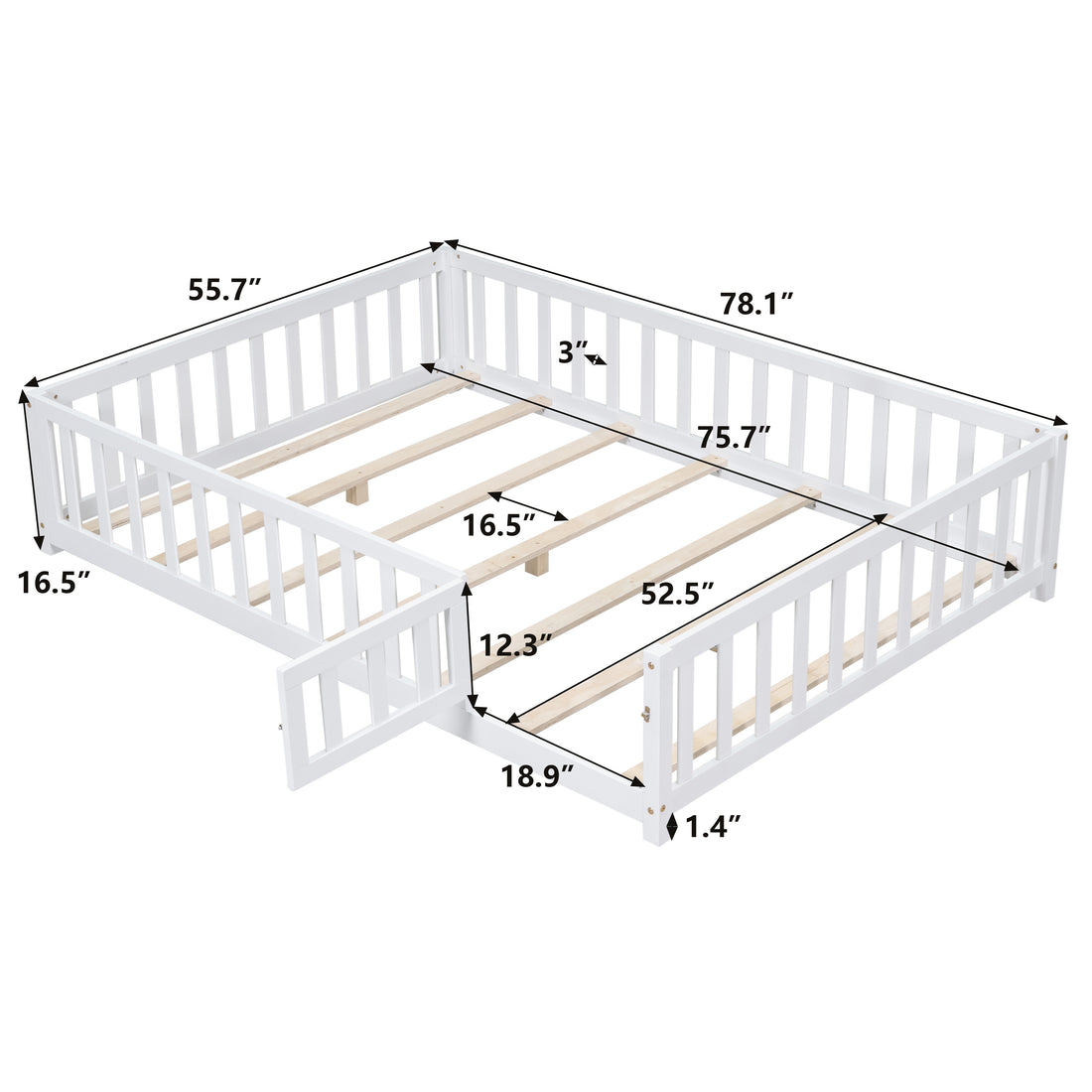 Full Size Floor Platform Bed With Fence And Door For Kids, Montessori Floor Bed Frame With Support Slats For Toddlers, Wooden Floor Bed White White Plywood