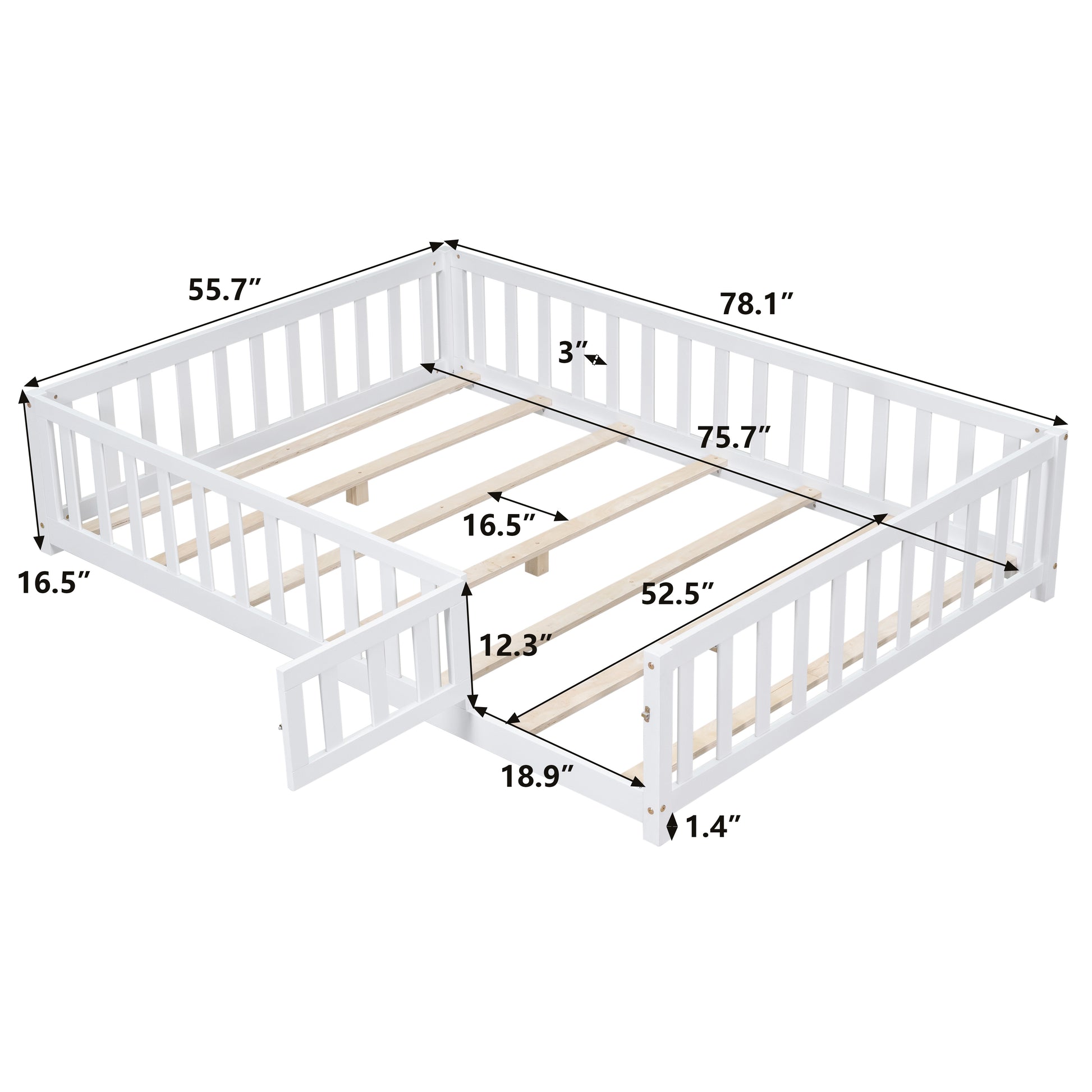 Full Size Floor Platform Bed With Fence And Door For Kids, Montessori Floor Bed Frame With Support Slats For Toddlers, Wooden Floor Bed White White Plywood