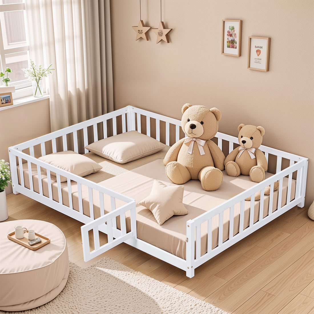 Full Size Floor Platform Bed With Fence And Door For Kids, Montessori Floor Bed Frame With Support Slats For Toddlers, Wooden Floor Bed White White Plywood