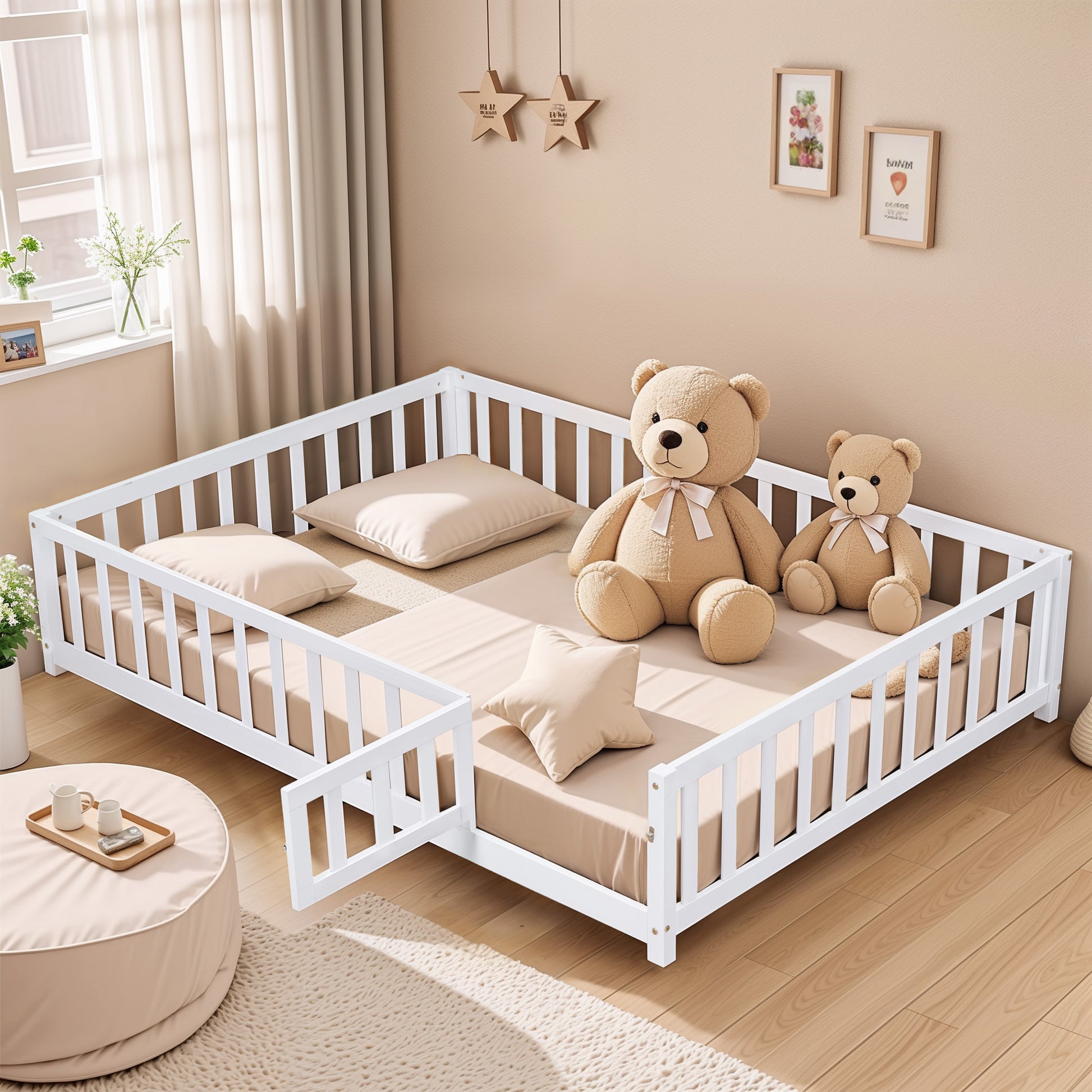 Full Size Floor Platform Bed With Fence And Door For Kids, Montessori Floor Bed Frame With Support Slats For Toddlers, Wooden Floor Bed White White Plywood