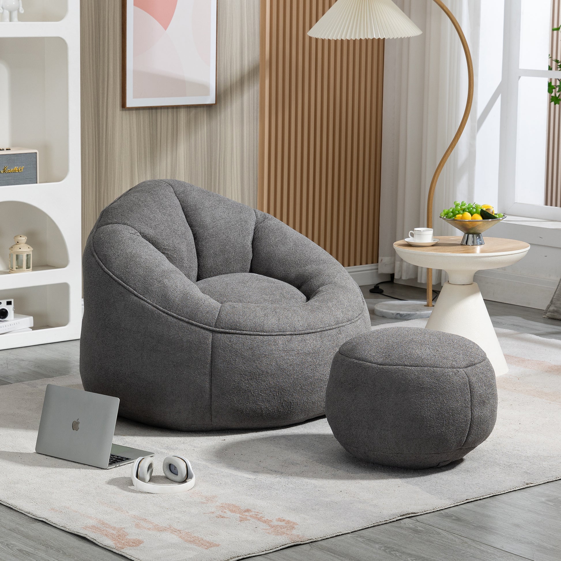 Bedding Bean Bag Sofa Chair High Pressure Foam Bean Bag Chair Adult Material With Padded Foam Padding Compressed Bean Bag With Footrest Grey Microfiber