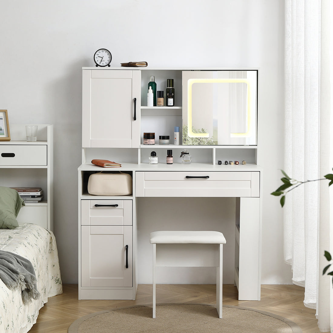 Vanity Table With Large Sliding Lighted Mirror, Dressing Table With 2 Drawers, Storage Shelves And Upholstered Stool, White Color Antique White Particle Board