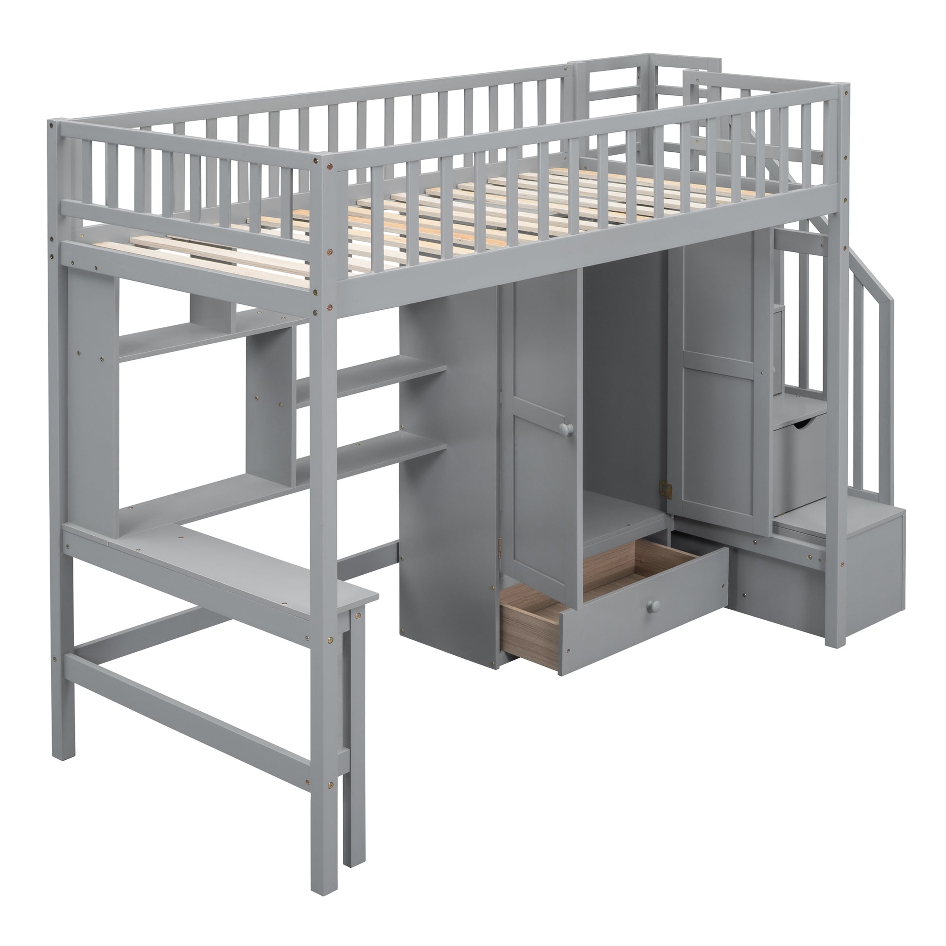 Twin Size Loft Bed With Bookshelf,Drawers,Desk,And Wardrobe Gray Twin Gray Solid Wood Mdf