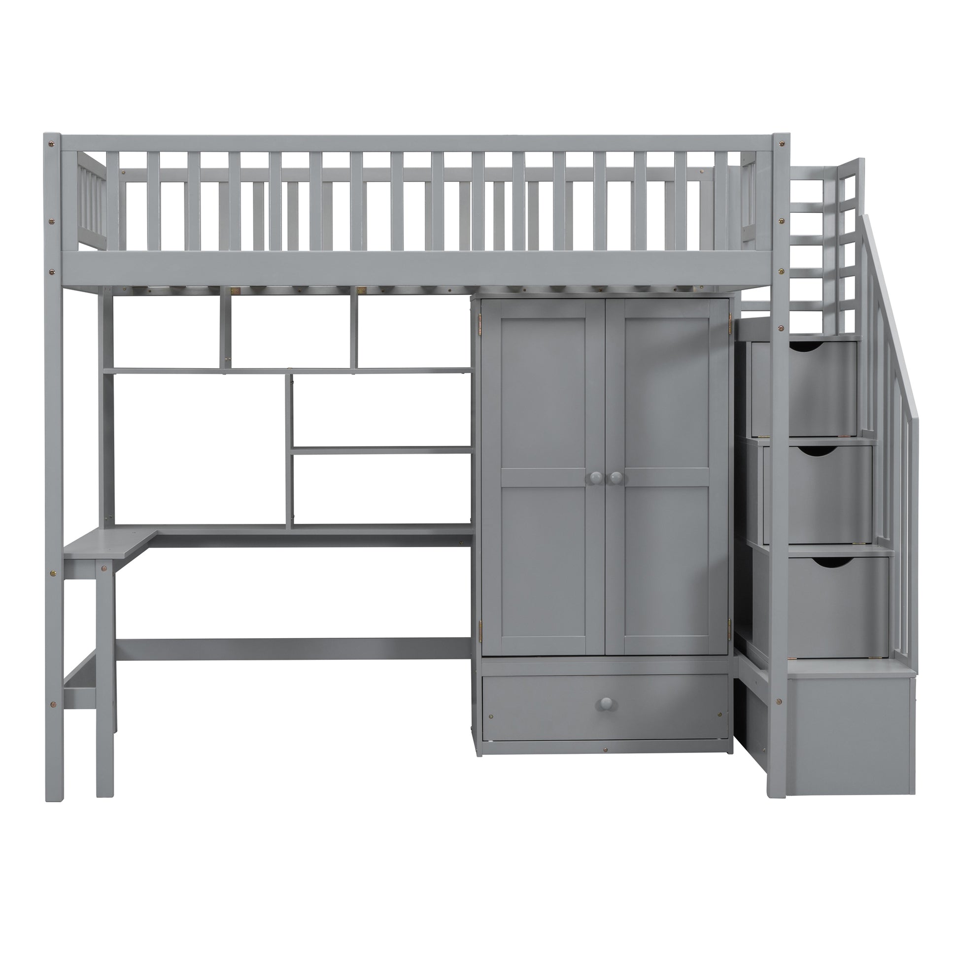 Twin Size Loft Bed With Bookshelf,Drawers,Desk,And Wardrobe Gray Twin Gray Solid Wood Mdf