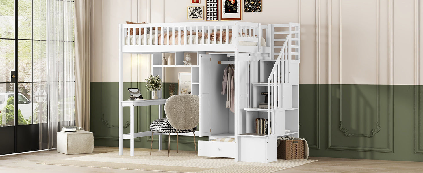 Twin Size Loft Bed With Bookshelf,Drawers,Desk,And Wardrobe White Twin White Solid Wood Mdf