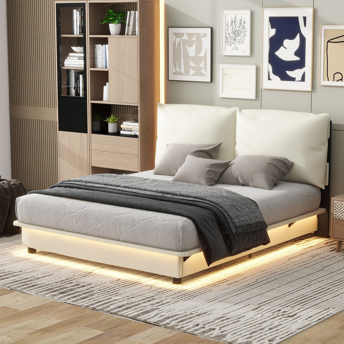 Queen Size Upholstered Platform Bed With Sensor Light And Ergonomic Design Backrests, White White Upholstered