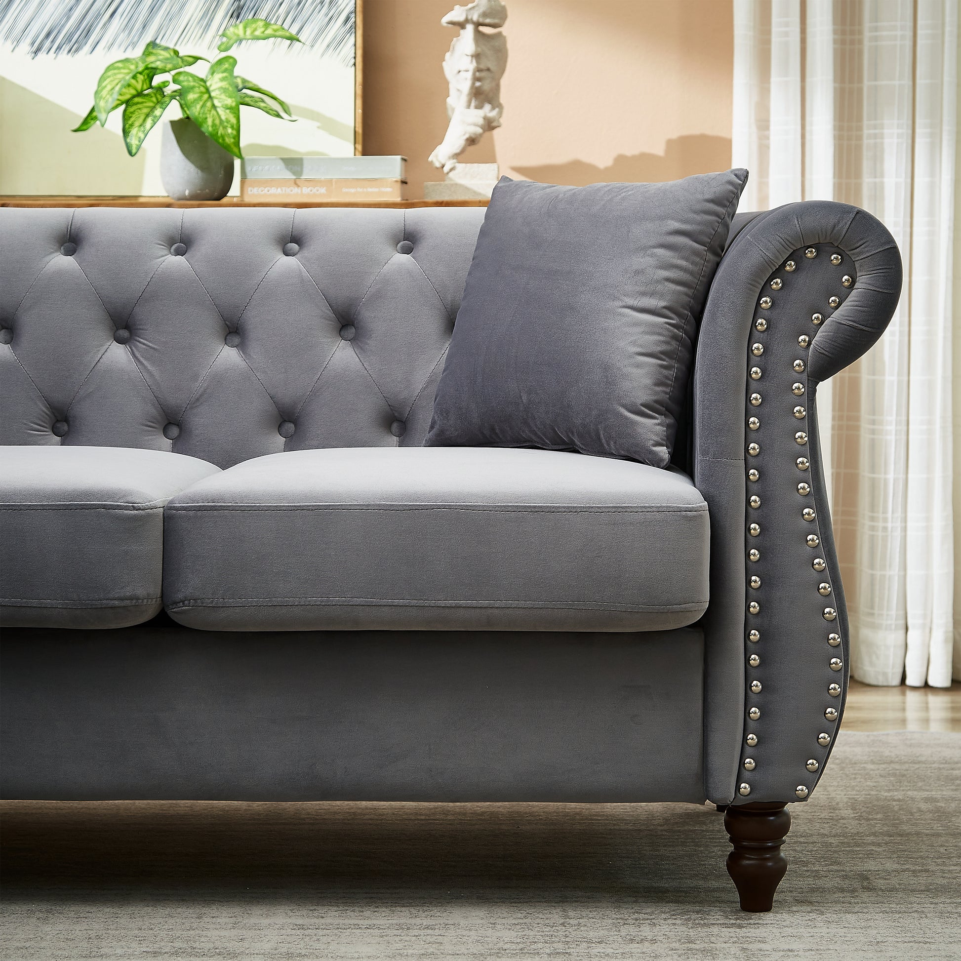83.5 Inch Oversized Corner Sofa, L Shaped Sectional Couch,5 Seater Corner Sofas With 3 Pillows For Living Room, Bedroom, Apartment, Office Gray Foam Velvet
