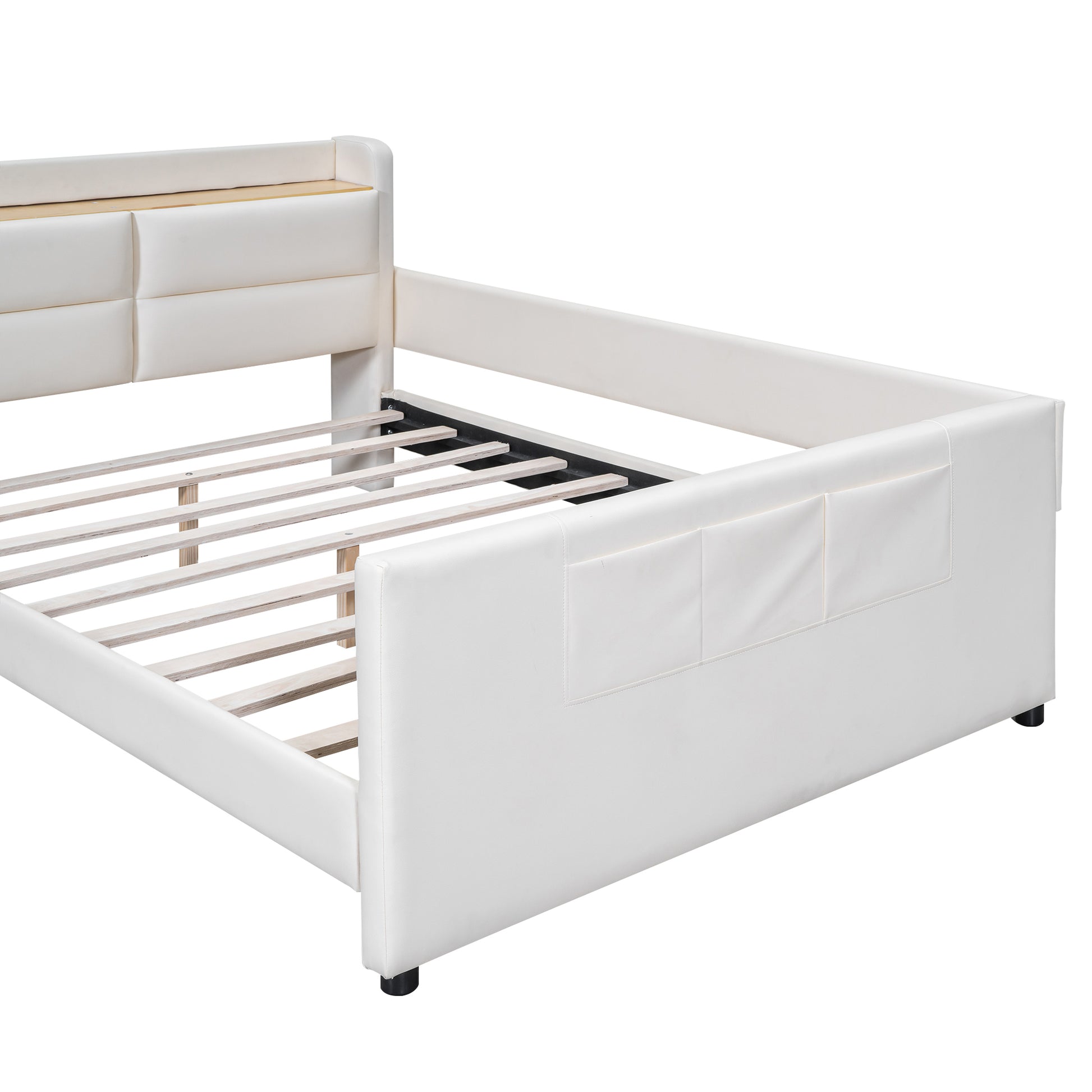 Full Size Upholstered Platform Bed With Guardrail, Storage Headboard And Footboard, Beige Box Spring Not Required Full Beige Wood Faux Leather Upholstered