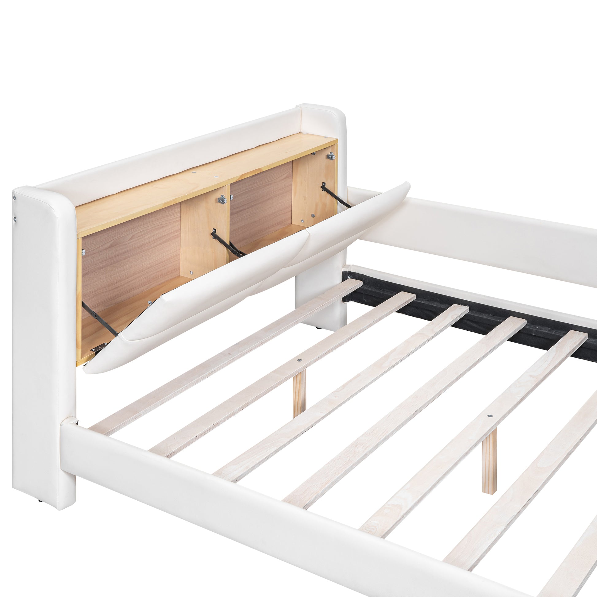 Full Size Upholstered Platform Bed With Guardrail, Storage Headboard And Footboard, Beige Box Spring Not Required Full Beige Wood Faux Leather Upholstered